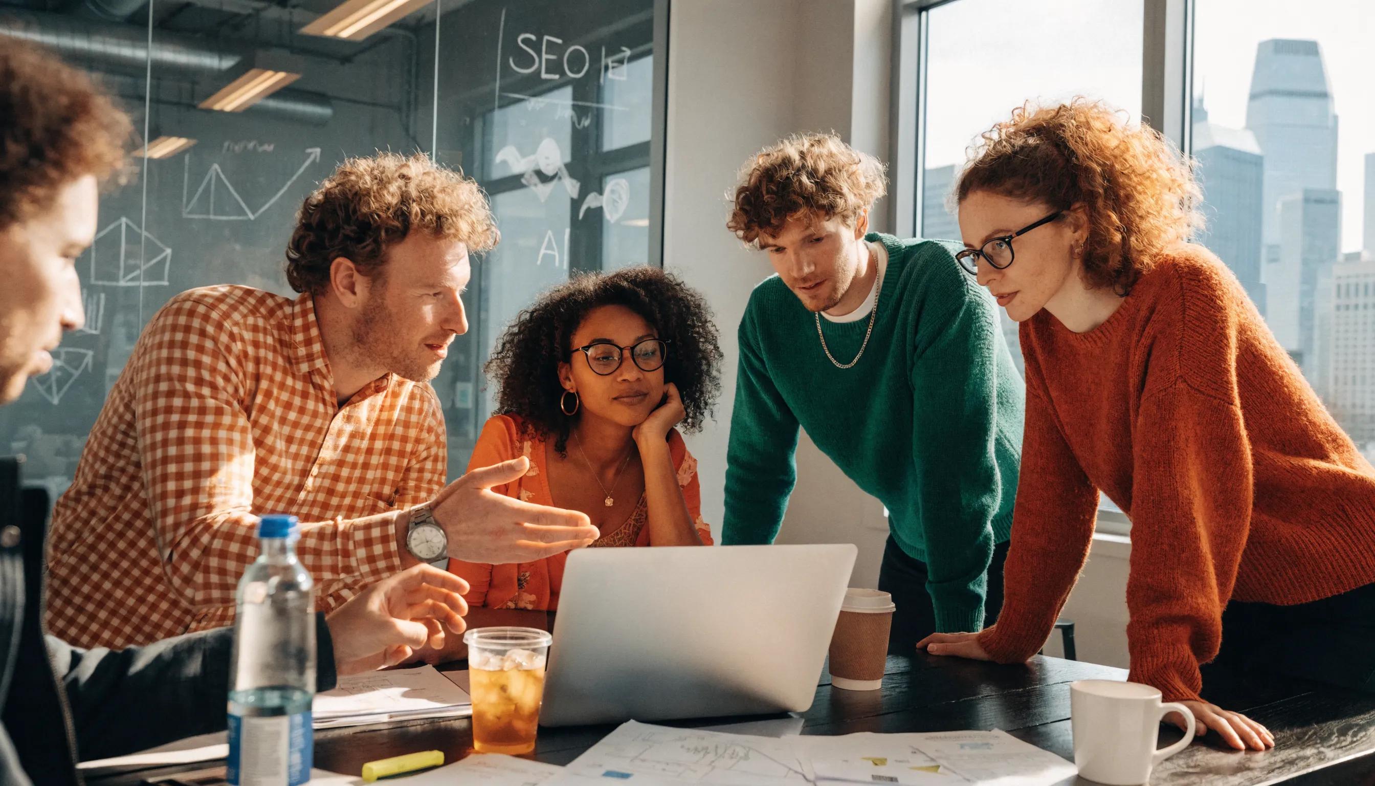 Team reviewing SEO strategy with AI visualizations