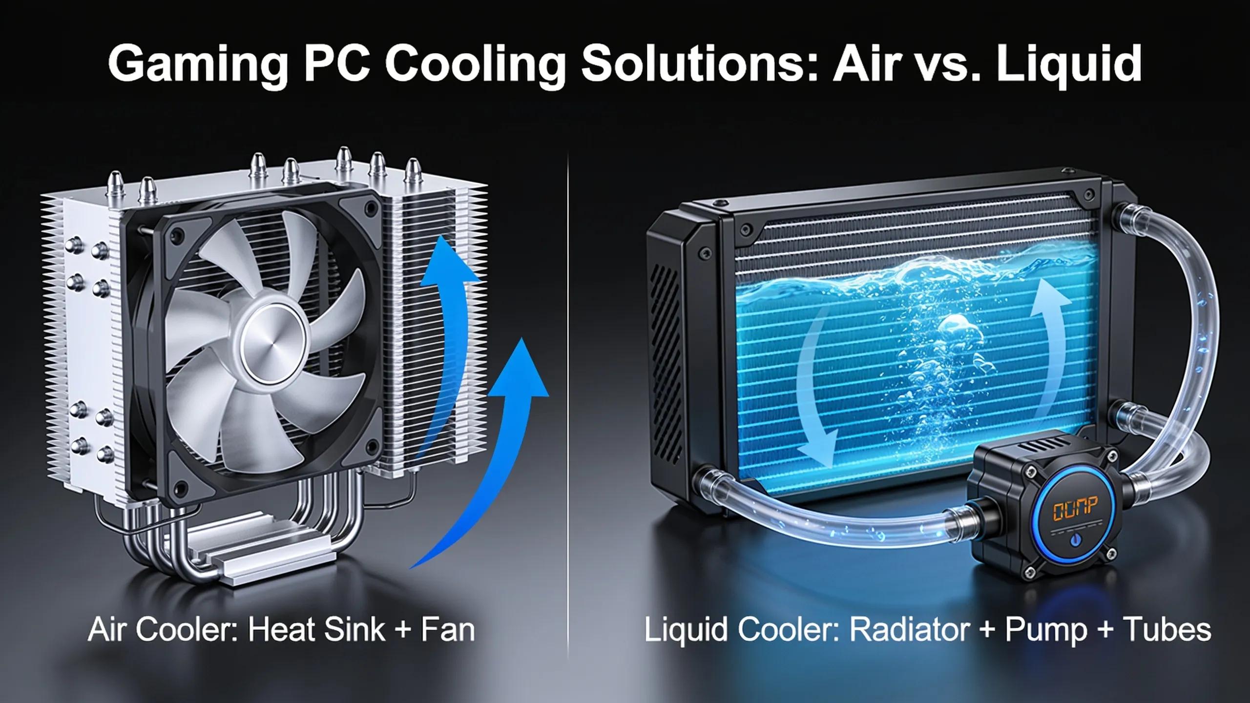 Air cooling and liquid cooling solutions for gaming PCs, showcasing their design and functionality