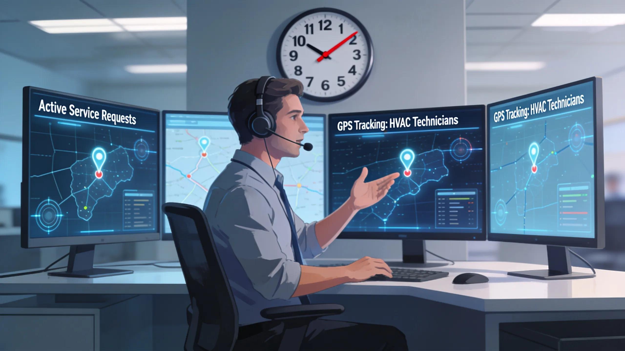 Dispatcher managing real-time service requests with AI technology in an HVAC office