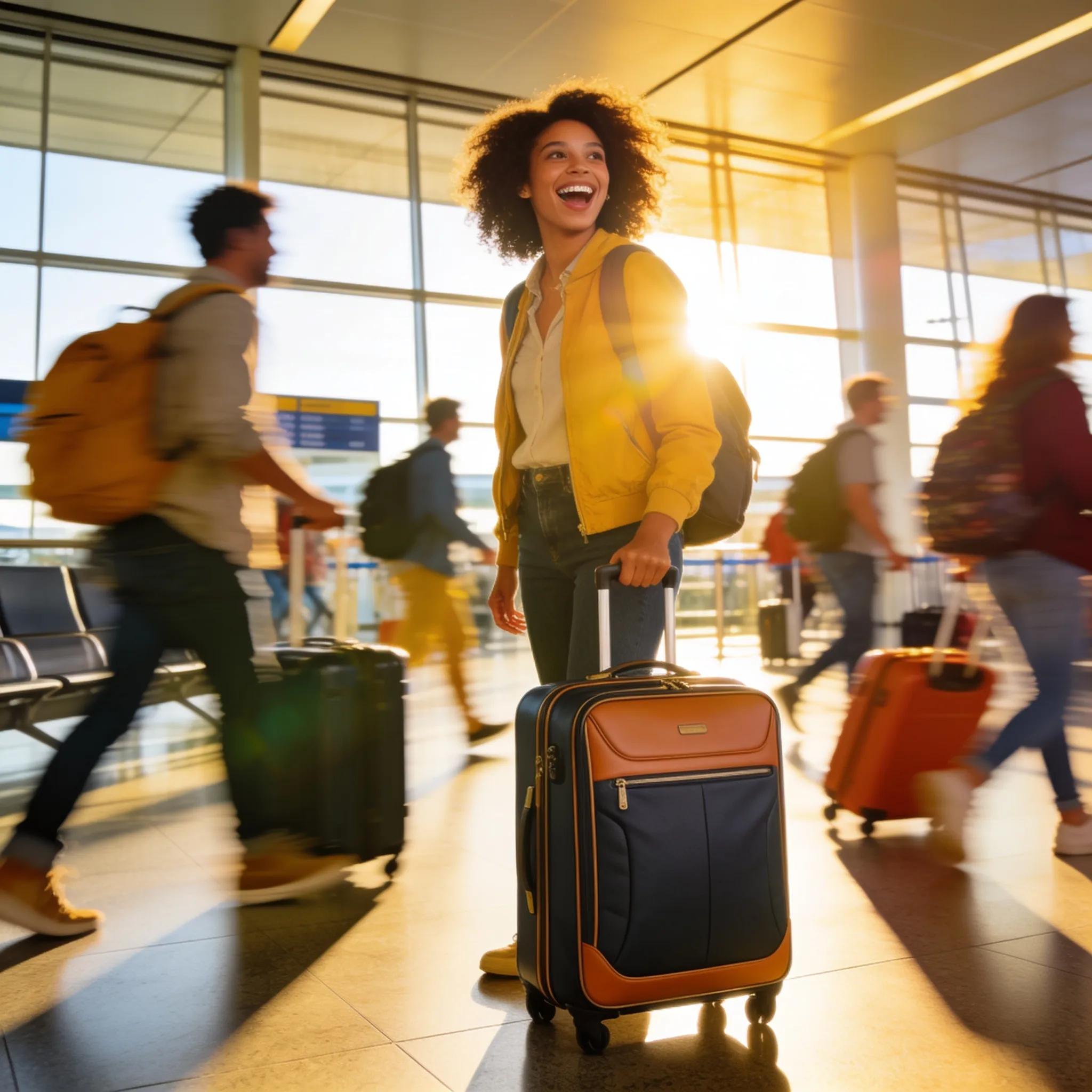 Traveler with a stylish carry-on bag at an airport, ready for adventure
