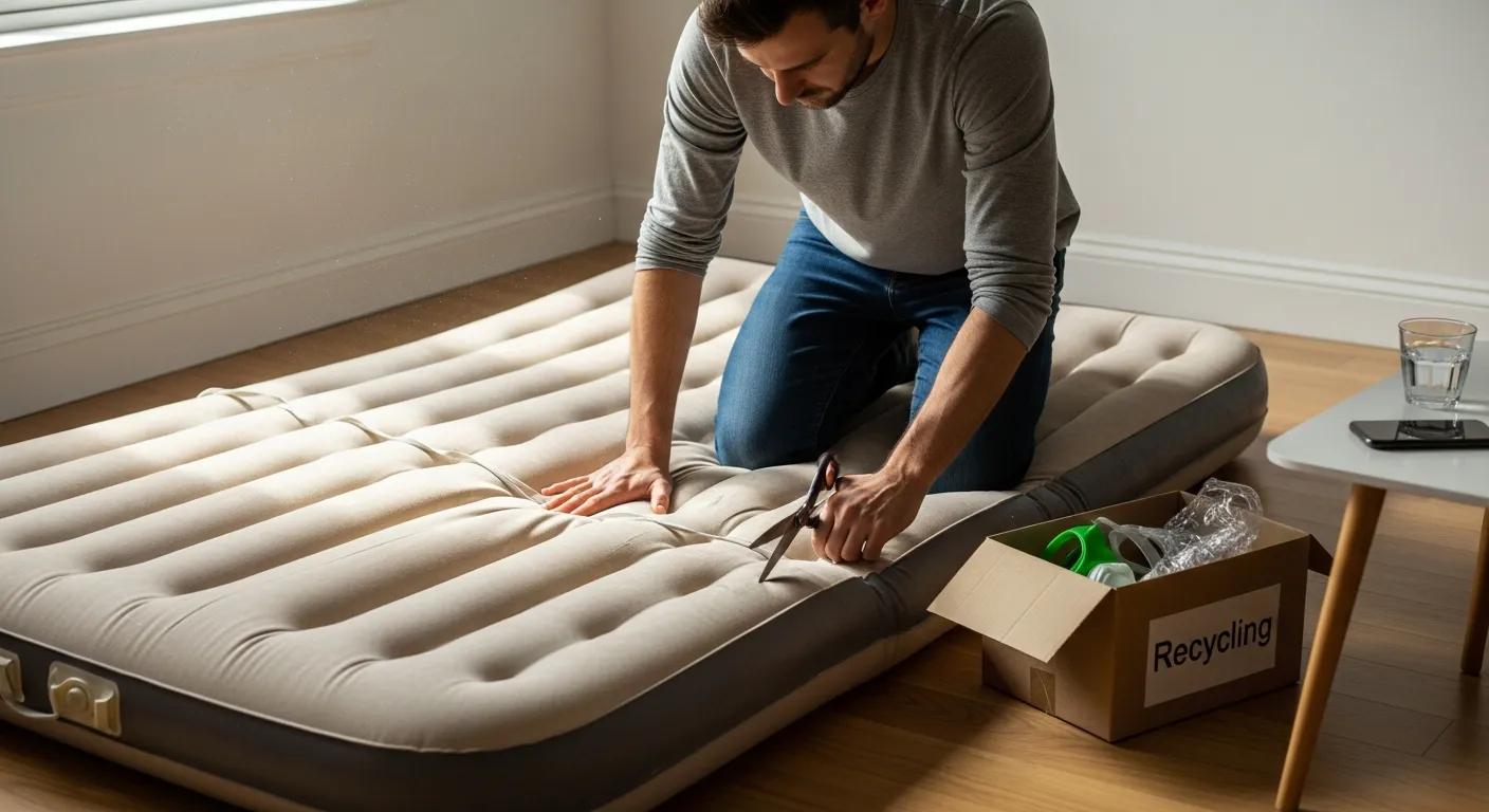 Person deflating and preparing an old air mattress for recycling or upcycling