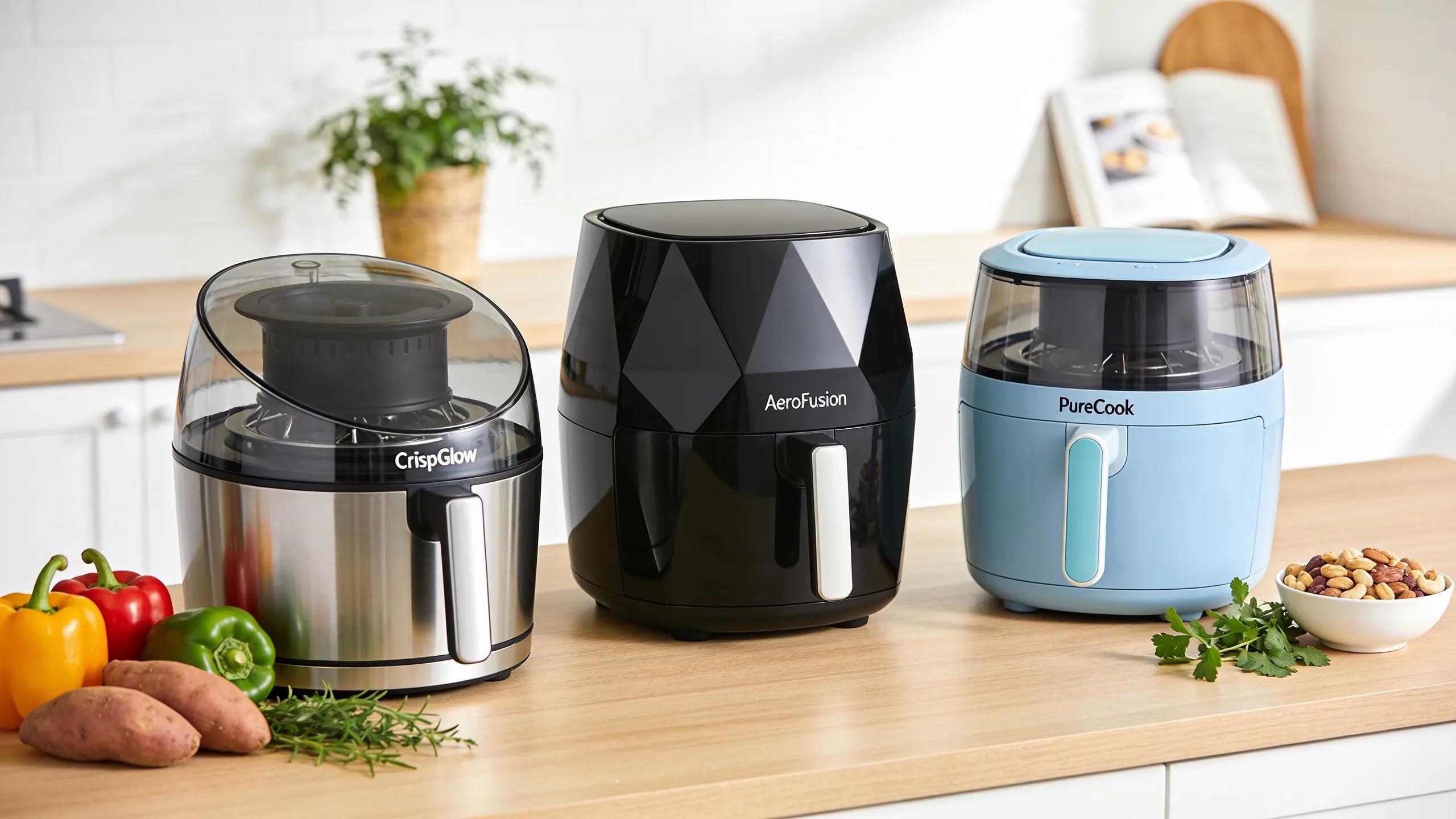 Showcase of top glass air fryer brands on a kitchen countertop, surrounded by fresh ingredients, illustrating quality and variety