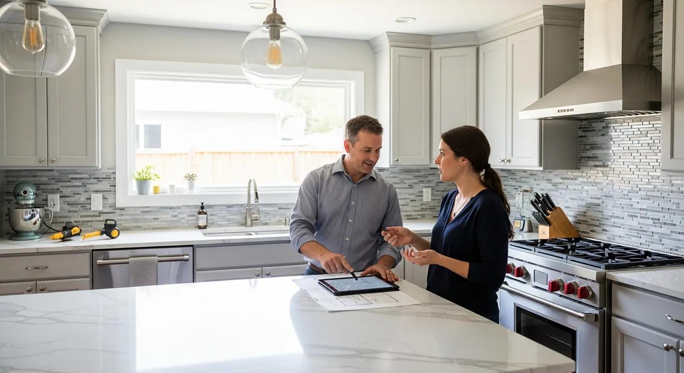 Home renovation contractor consulting with a homeowner in a renovated kitchen