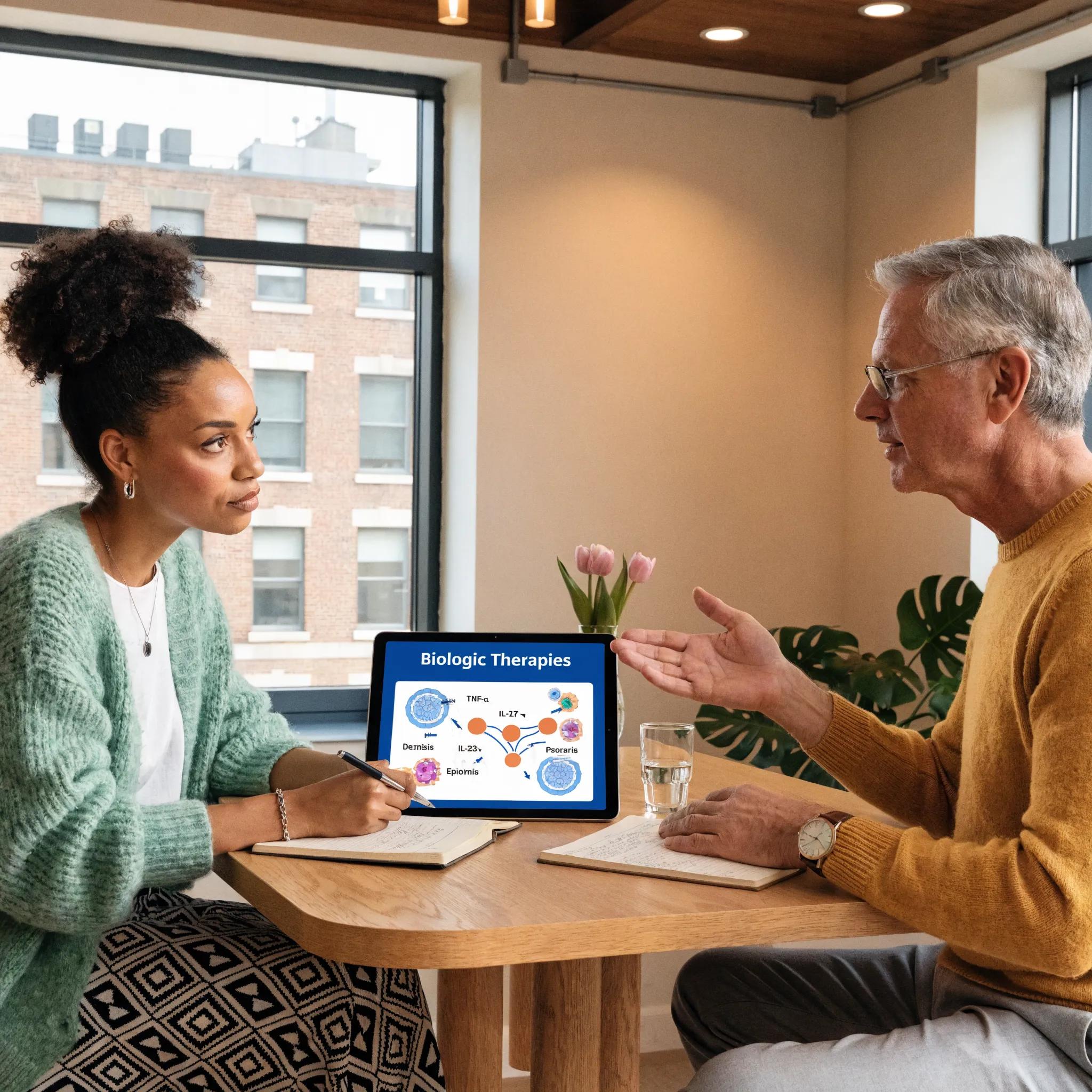Healthcare provider explaining biologic therapies for psoriasis to a patient in a clinical environment