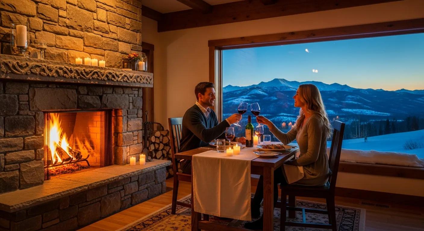 Couple dining by a fireplace with panoramic views