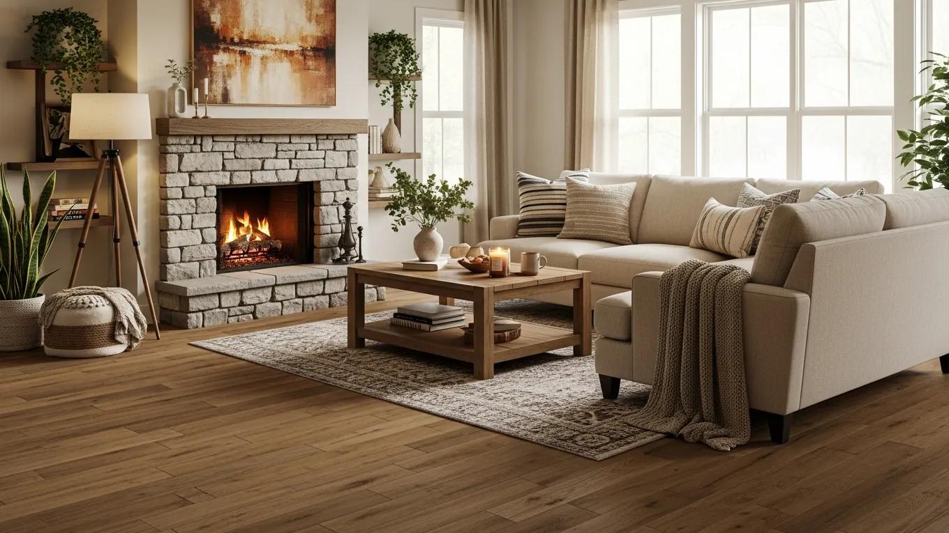 Living room interior showcasing wood flooring and carpet installation options.