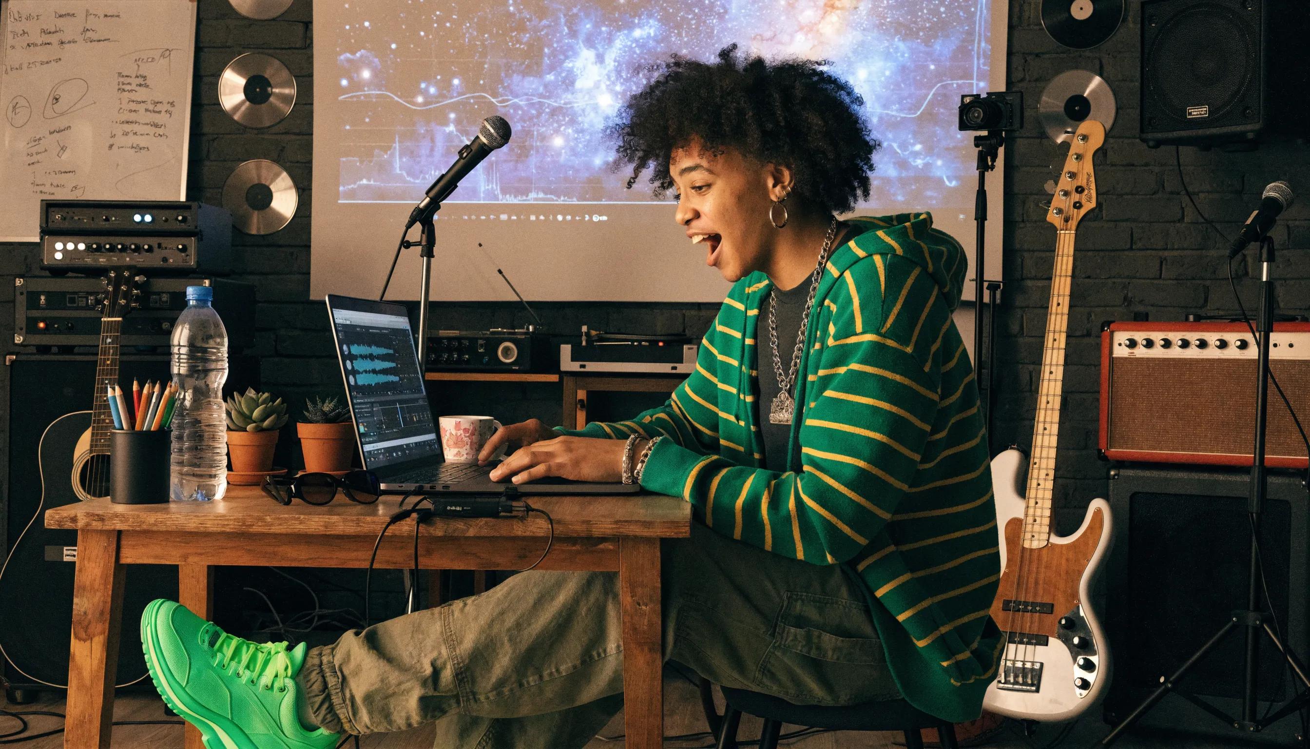 Independent artist in a home studio working on AI music video creation