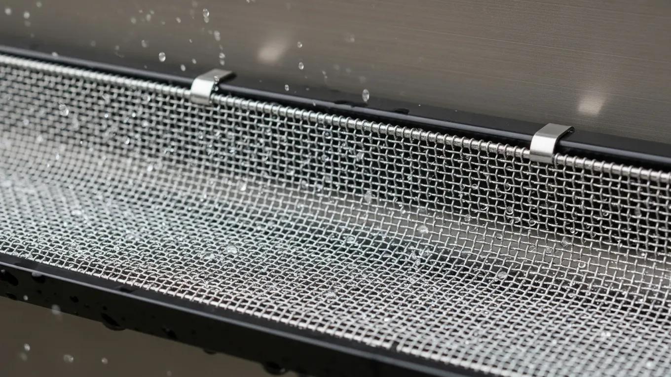 Close-up of Type 316 stainless steel micro mesh on a Leafblaster Pro gutter guard installed by The Gutter Pros Close-up of Type 316 stainless steel micro mesh on a Leafblaster Pro gutter guard installed by The Gutter Pros