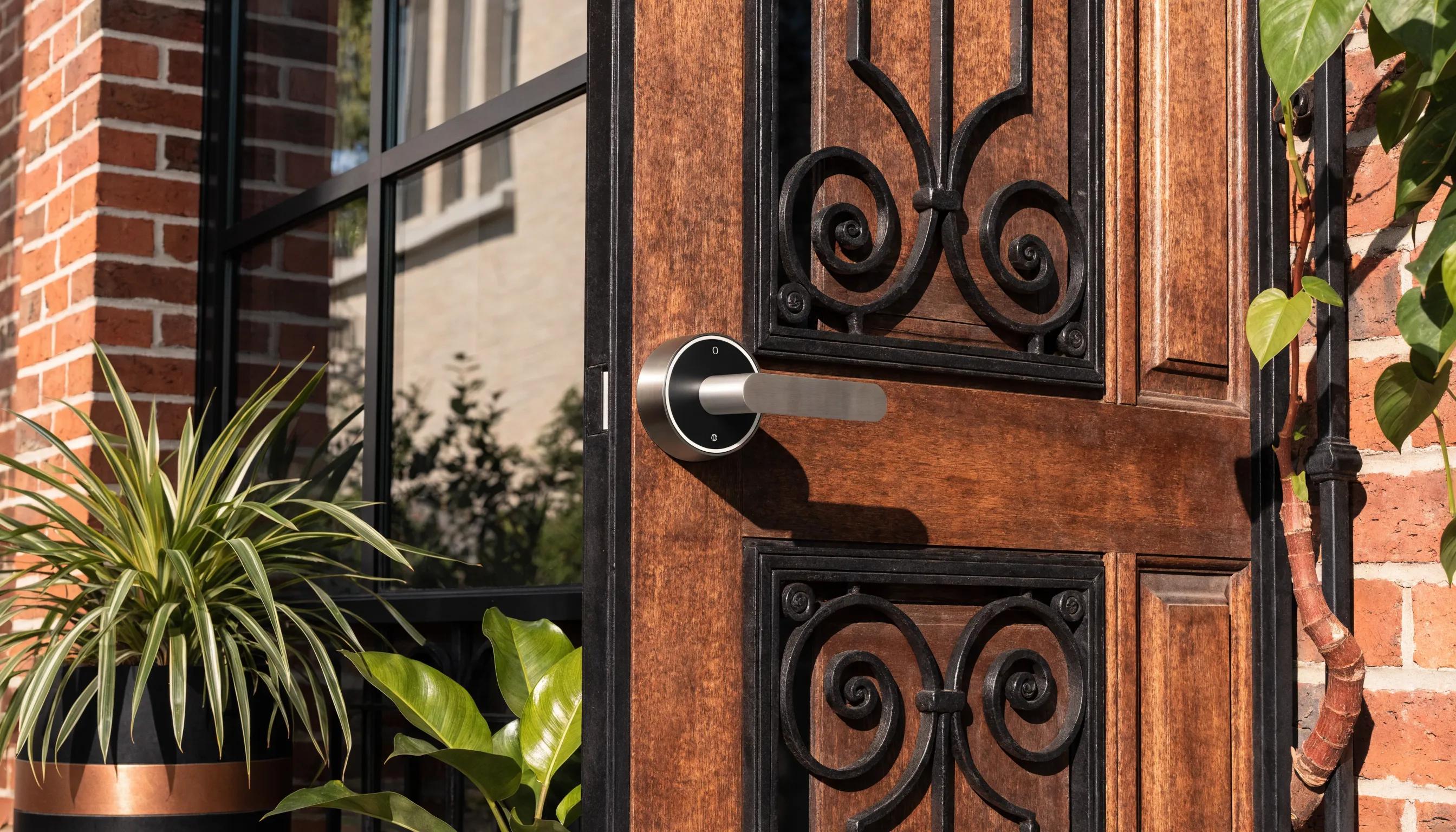 Modern smart lock installed on a front door showcasing home security innovation