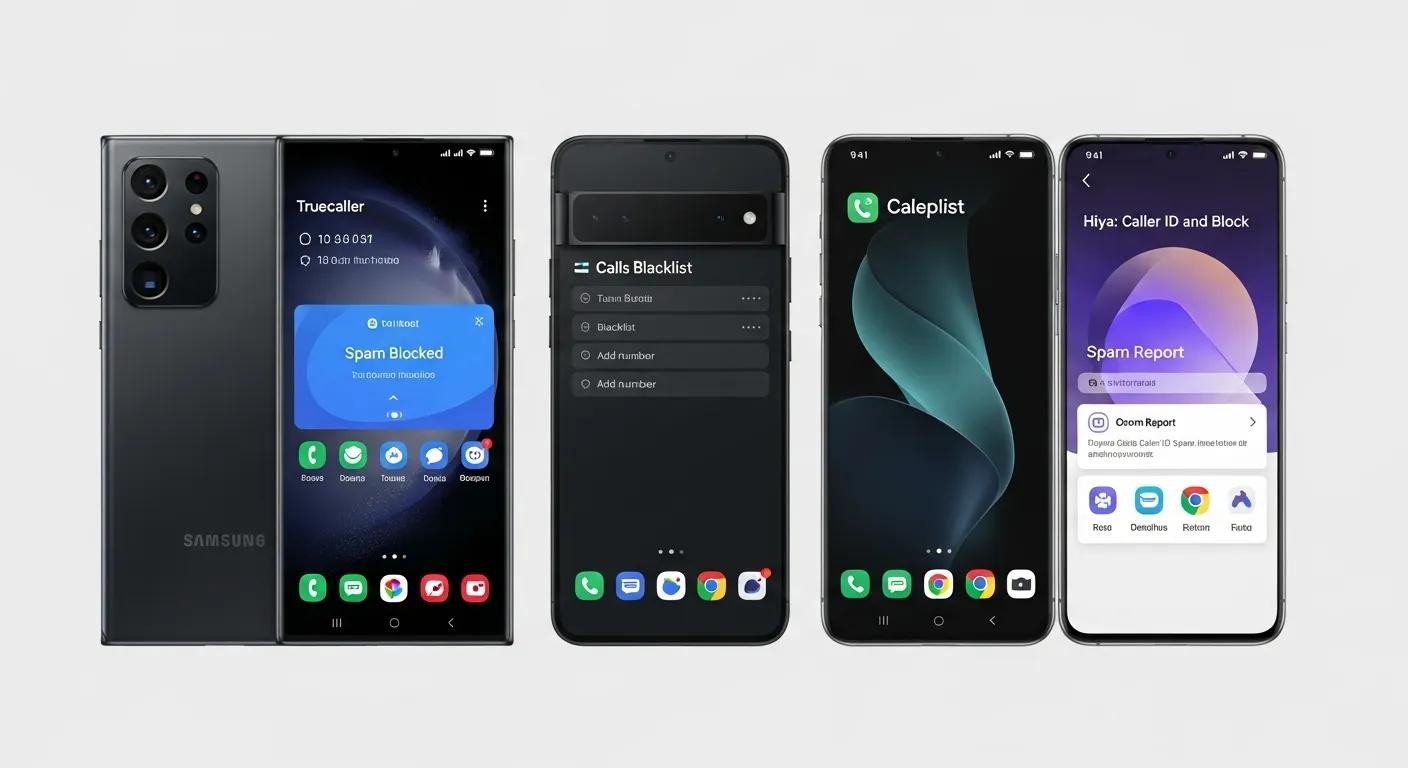 A lineup of popular spam-blocking apps shown on smartphones — top picks for Android