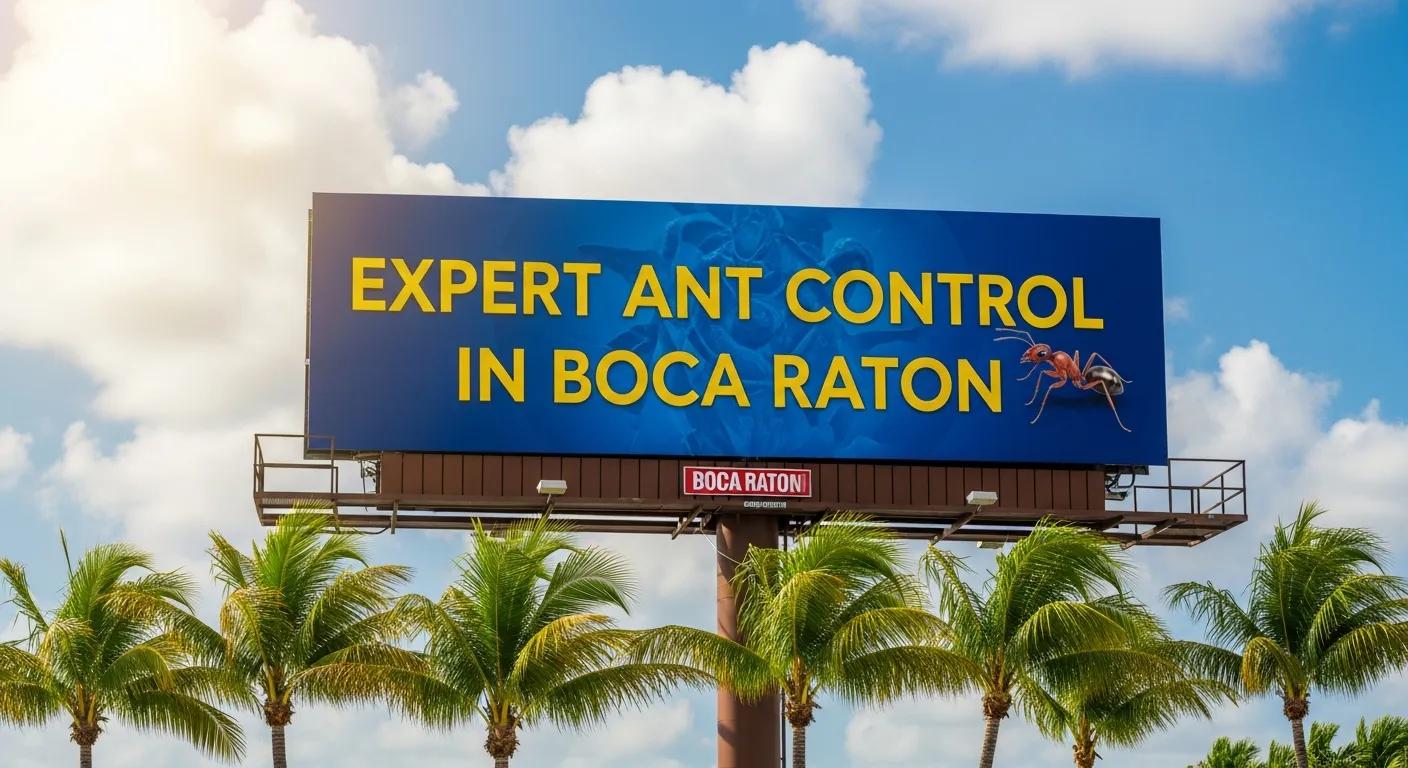 Billboard advertising expert ant control services in Boca Raton, featuring bold yellow text and an illustration of an ant, surrounded by palm trees and a blue sky.