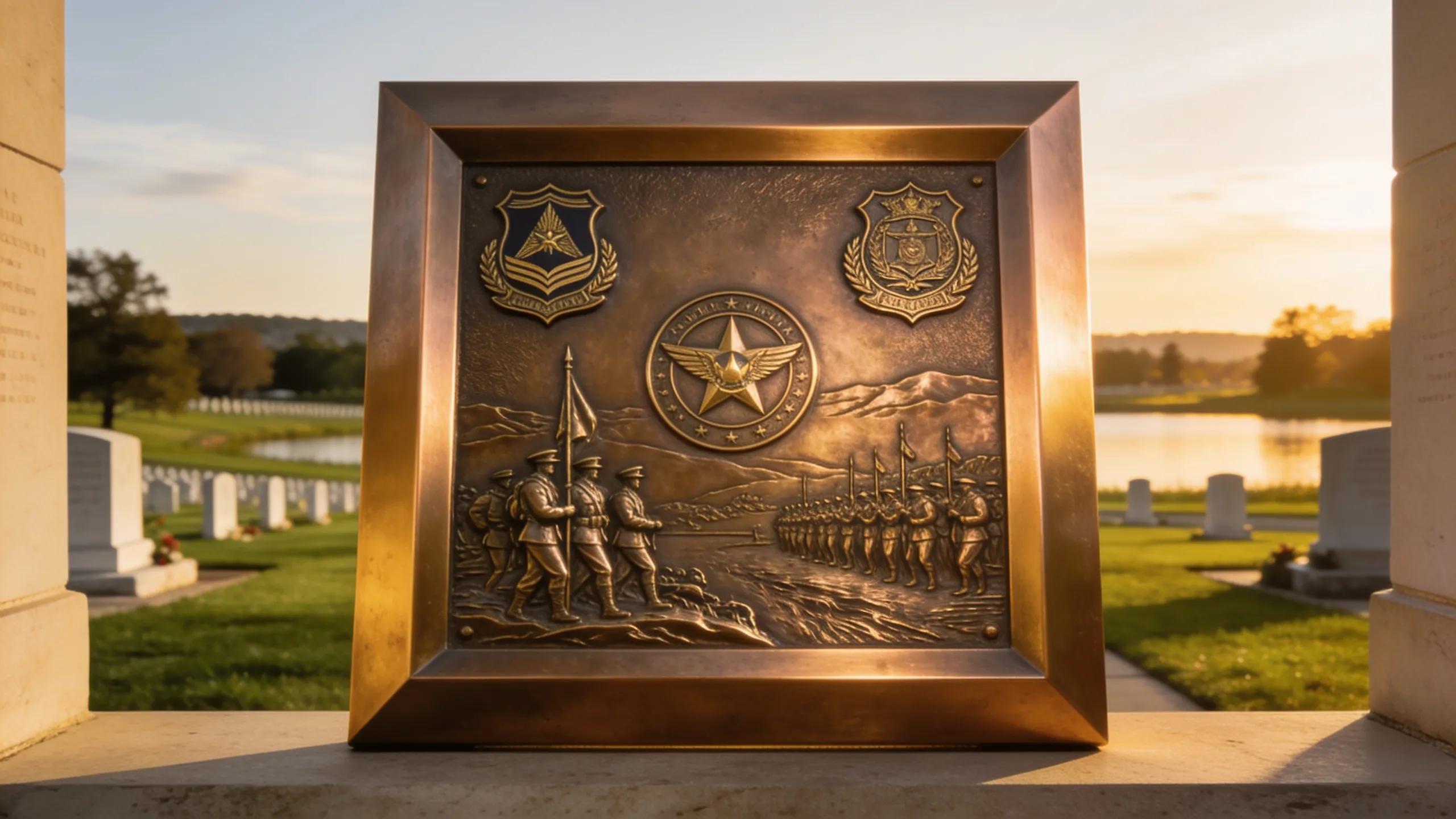 Bevel bronze plaque representing a tribute to veterans with detailed military engravings
