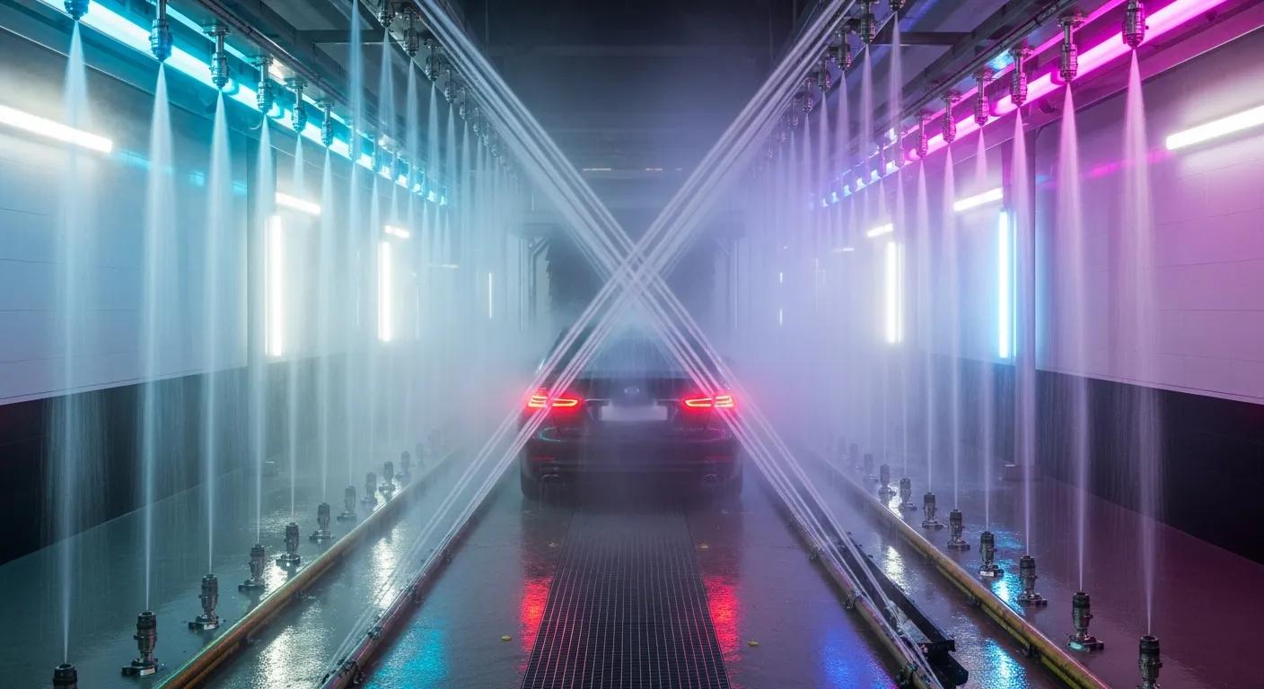 Interior view of a touchless car wash with high-pressure jets