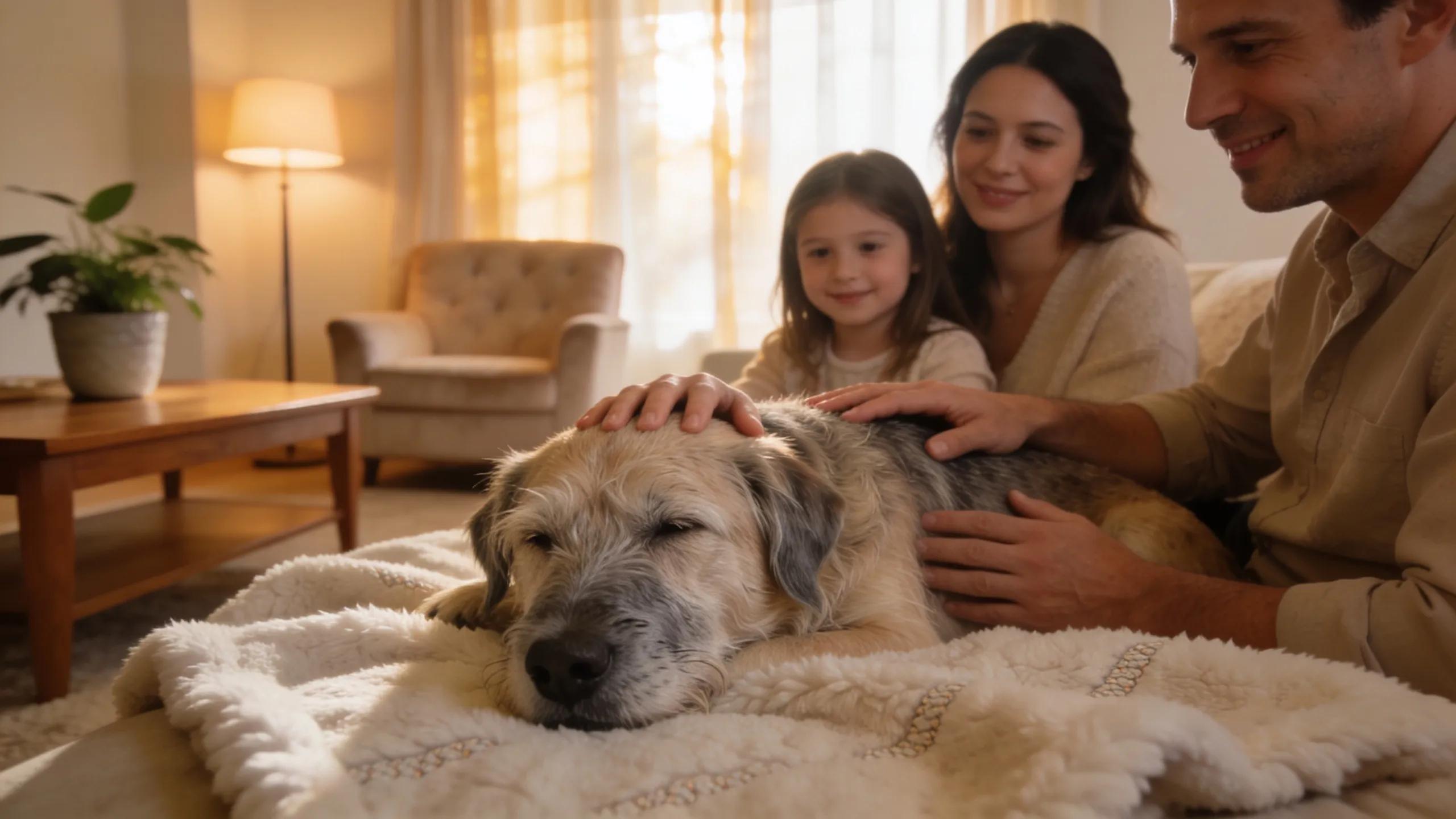 In-home pet euthanasia scene with a family comforting their elderly dog in a warm, intimate living room