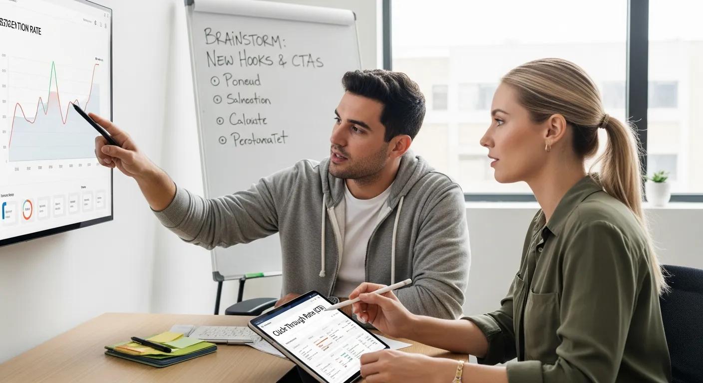 Creators reviewing engagement metrics together — planning to improve retention and CTR AI avatar demonstrating Syllaby's tools for efficient content creation and personalization.