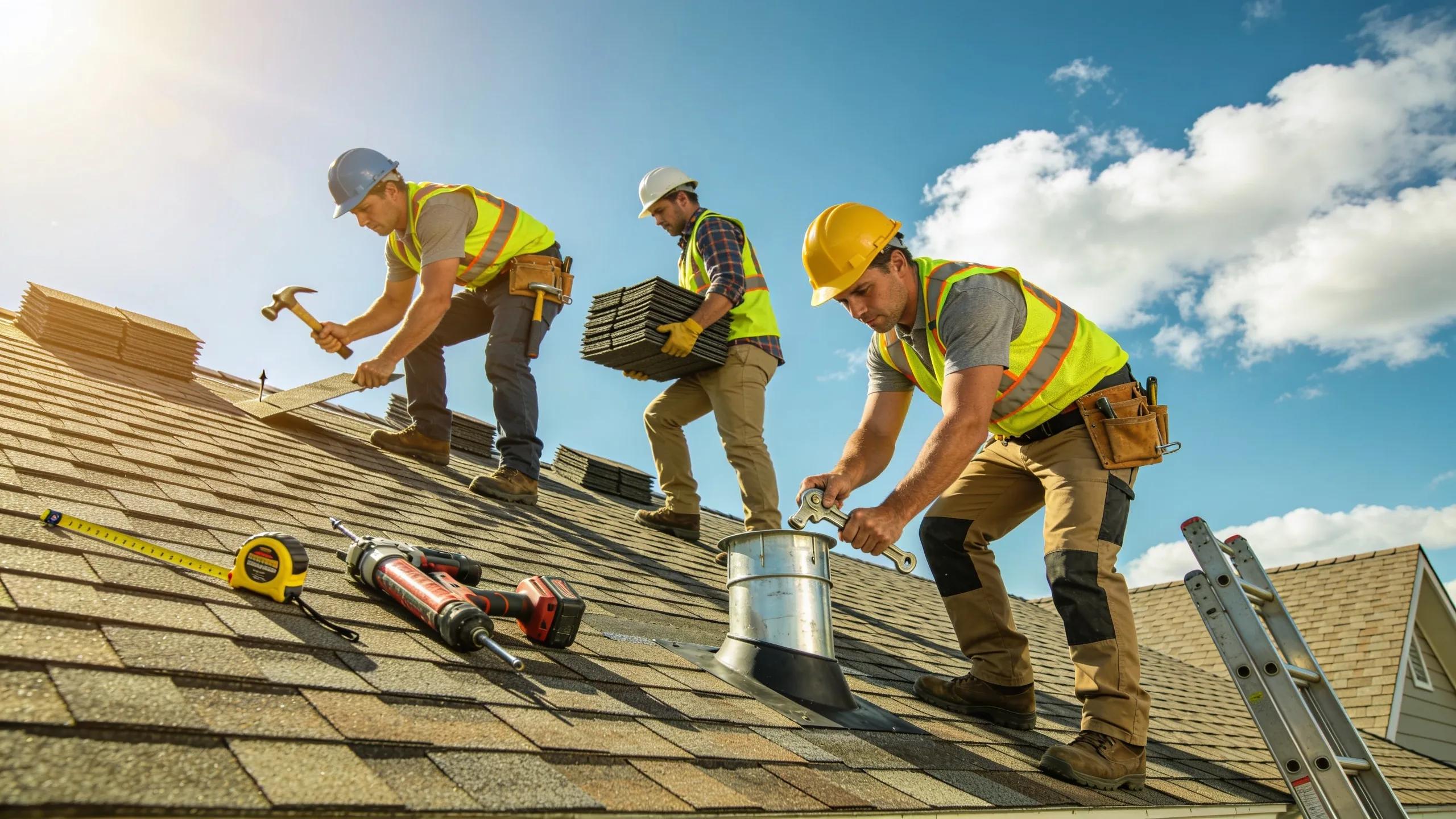 Professional roofing team working efficiently on a house rooftop under clear skies