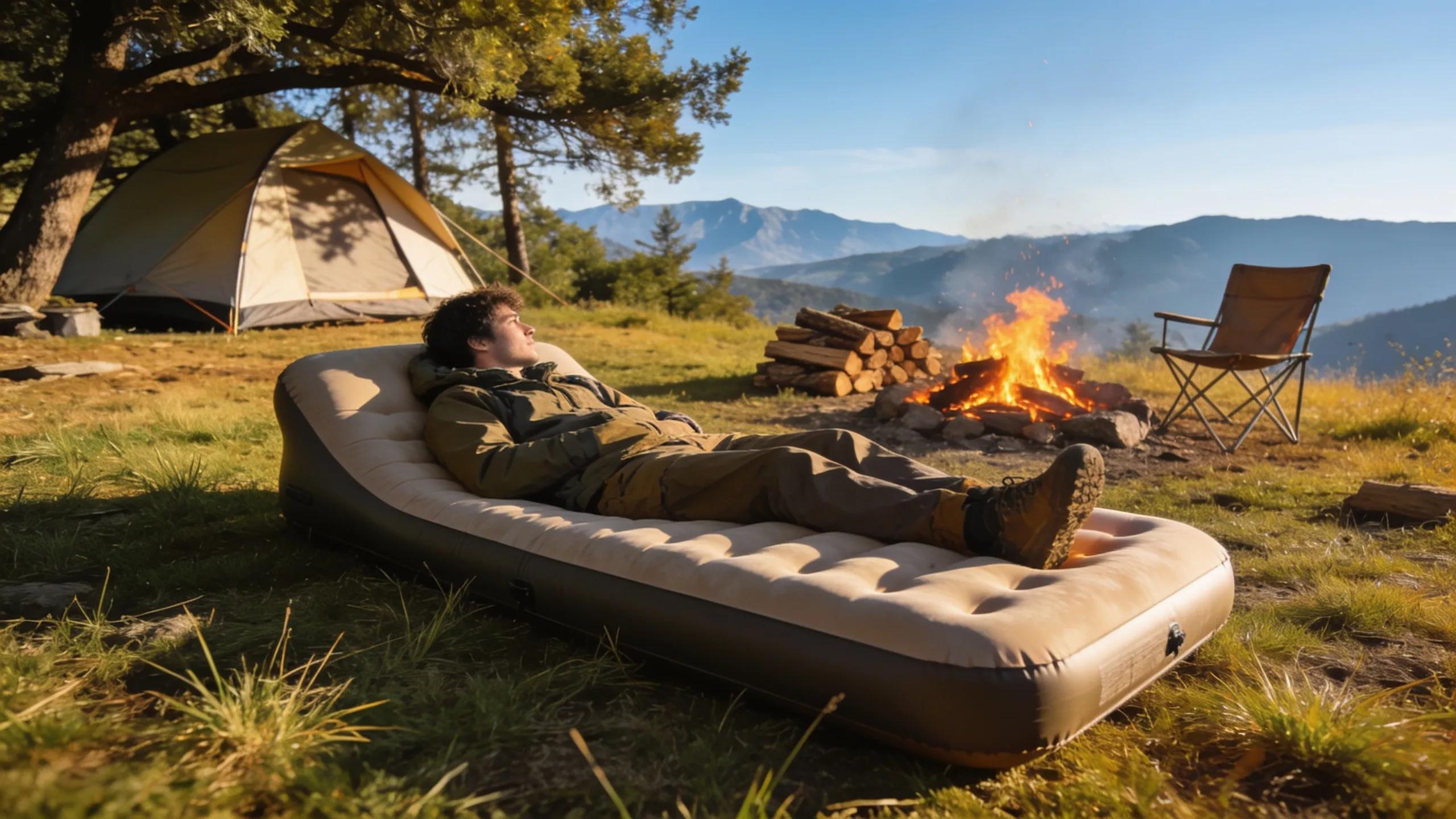 Portable air mattress set up in a scenic camping site surrounded by nature