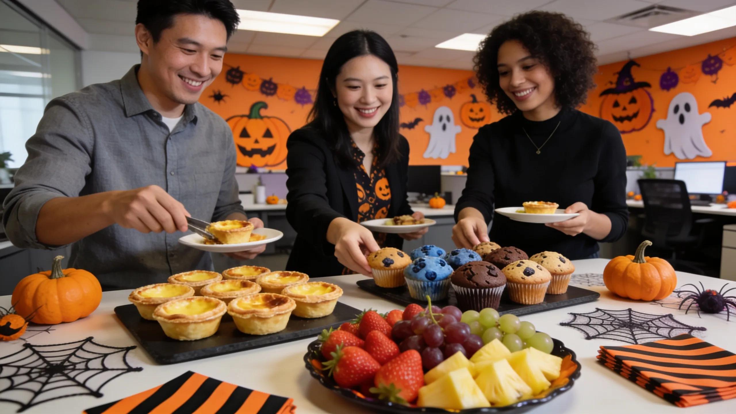Diverse Halloween brunch catering options attractively displayed for an office celebration