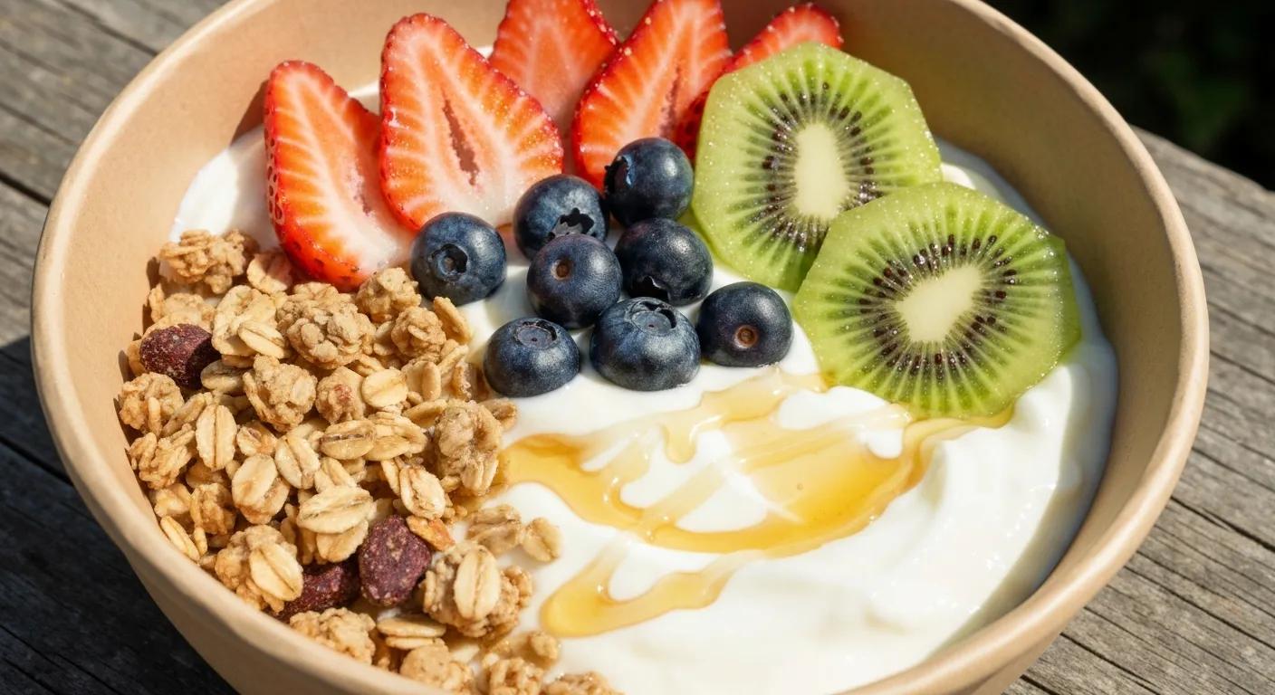 Yogurt bowl topped with honey, granola, and fresh fruit to promote gut health