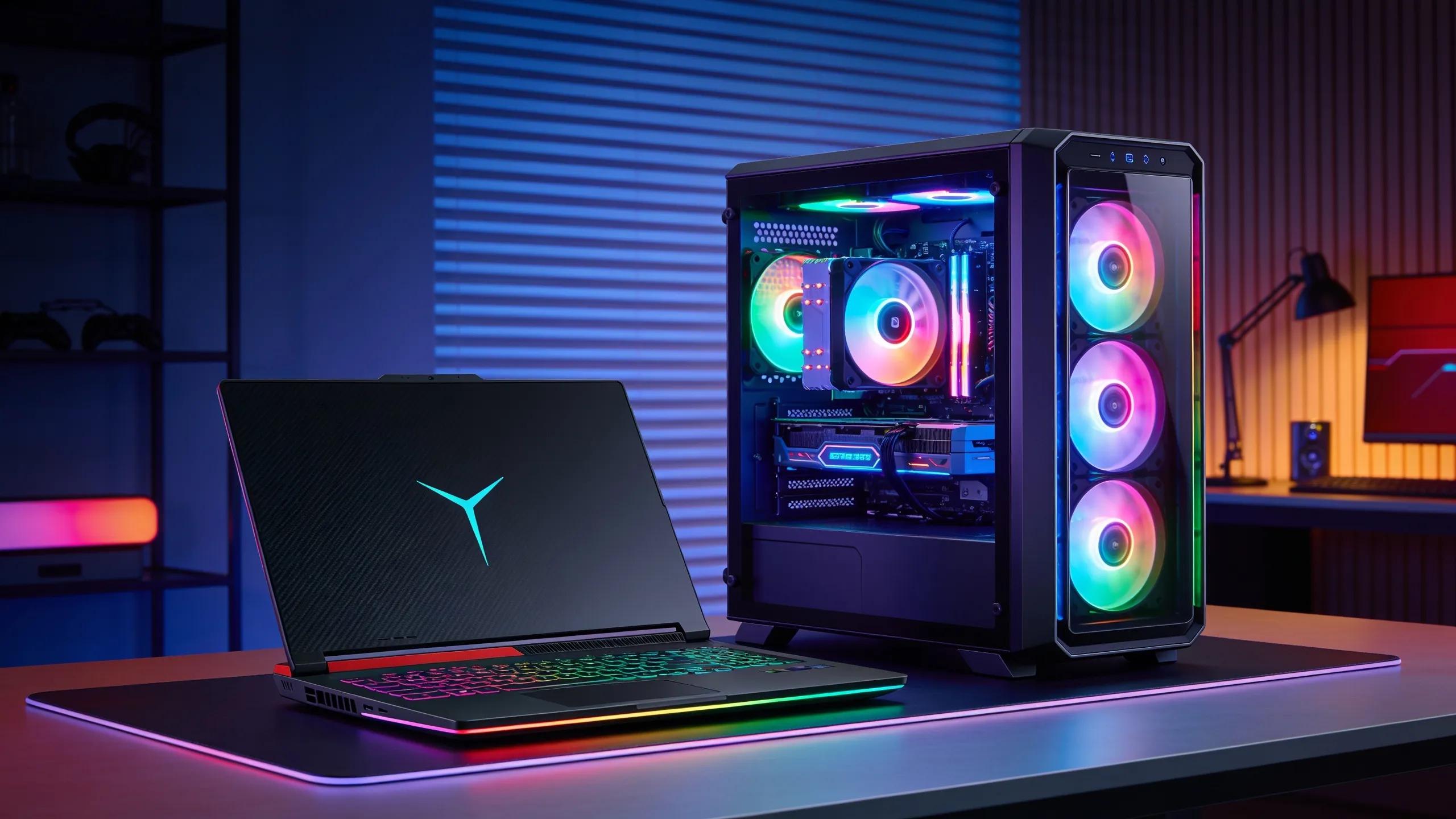 Modern gaming setup highlighting a powerful PC and a sleek laptop, emphasizing the comparison between gaming systems