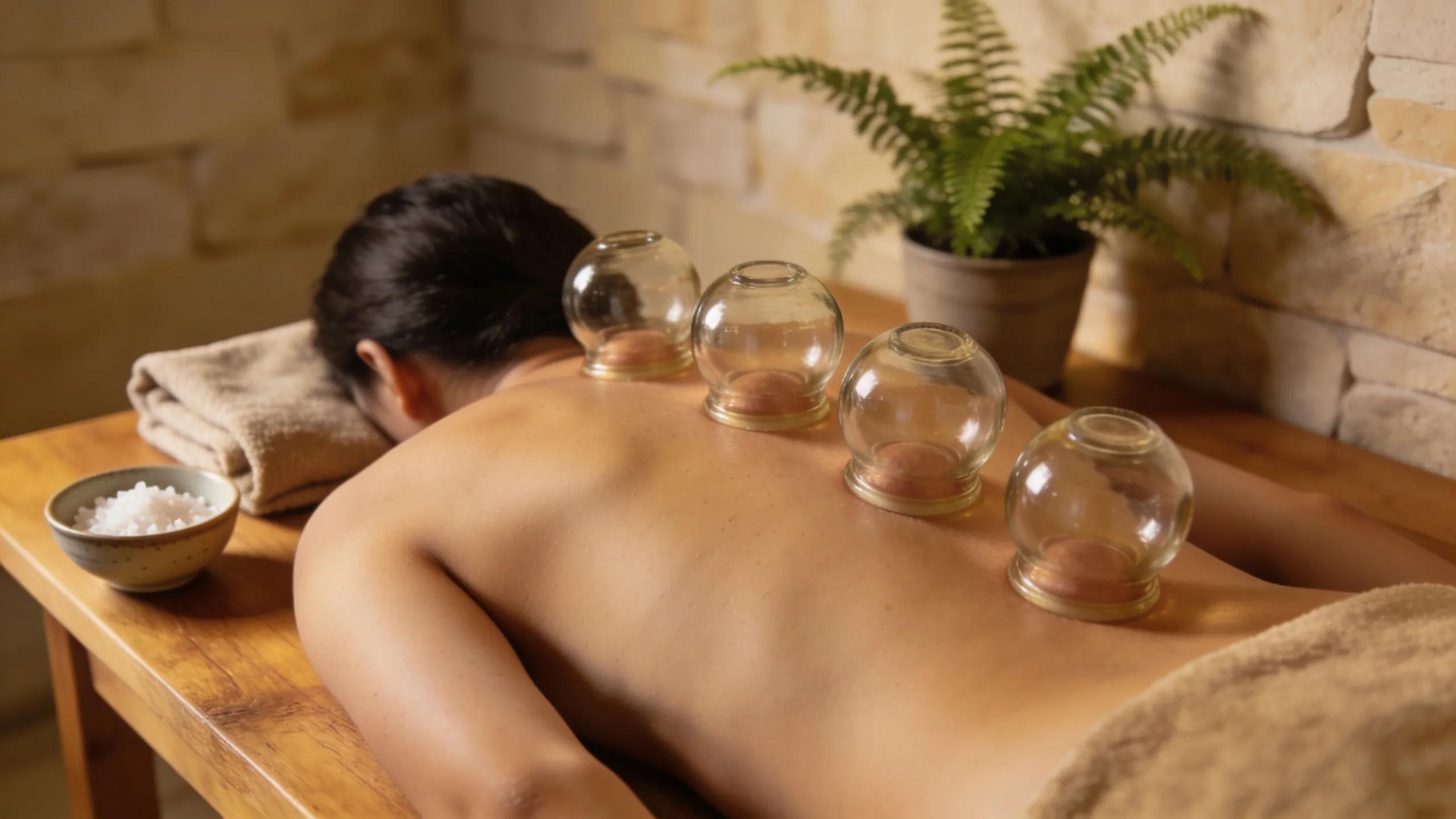 Cupping therapy session in a tranquil spa environment promoting wellness and pain relief