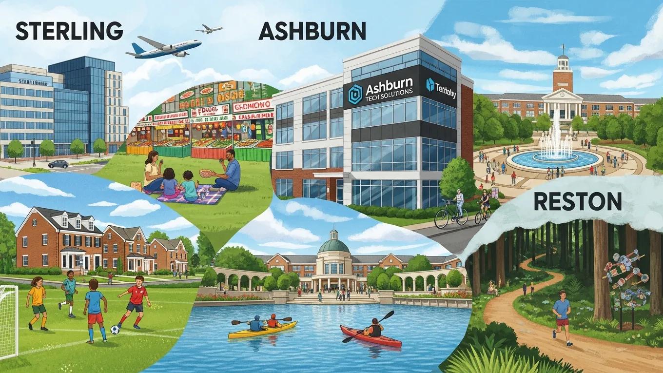 Neighborhood scenes from Sterling, Ashburn, and Reston — communities served by Homes365