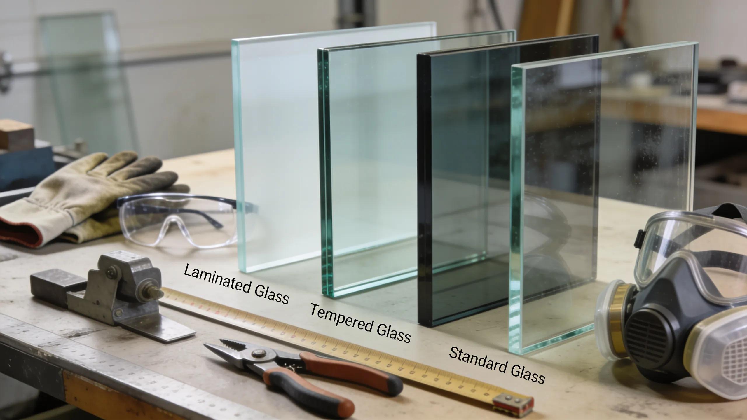 Close-up of various glass types including laminated, tempered, and standard glass, showcasing repair and replacement options