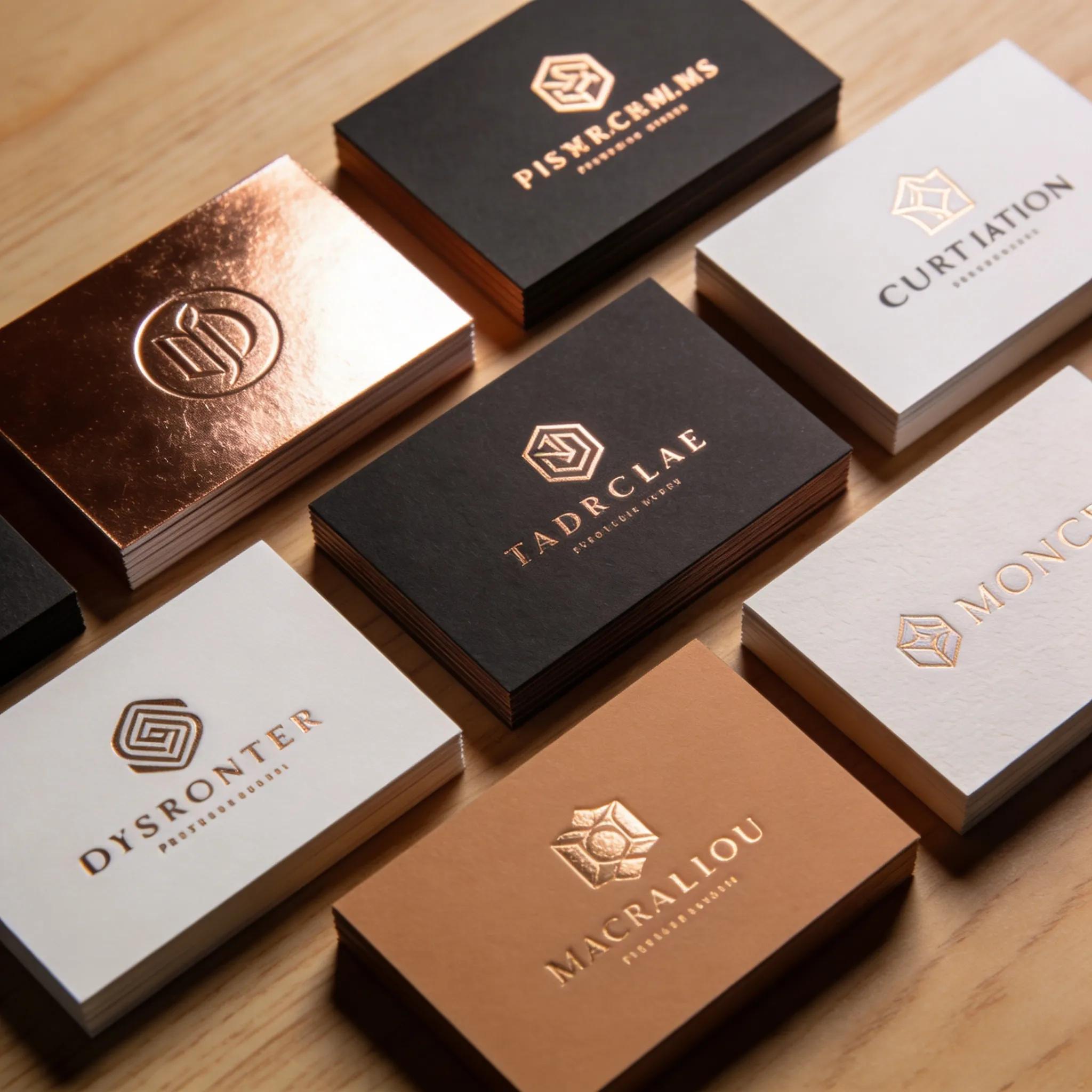 Premium custom business cards displaying unique designs on a wooden desk Custom business cards with unique designs and gold foil accents on black and white cardstock.