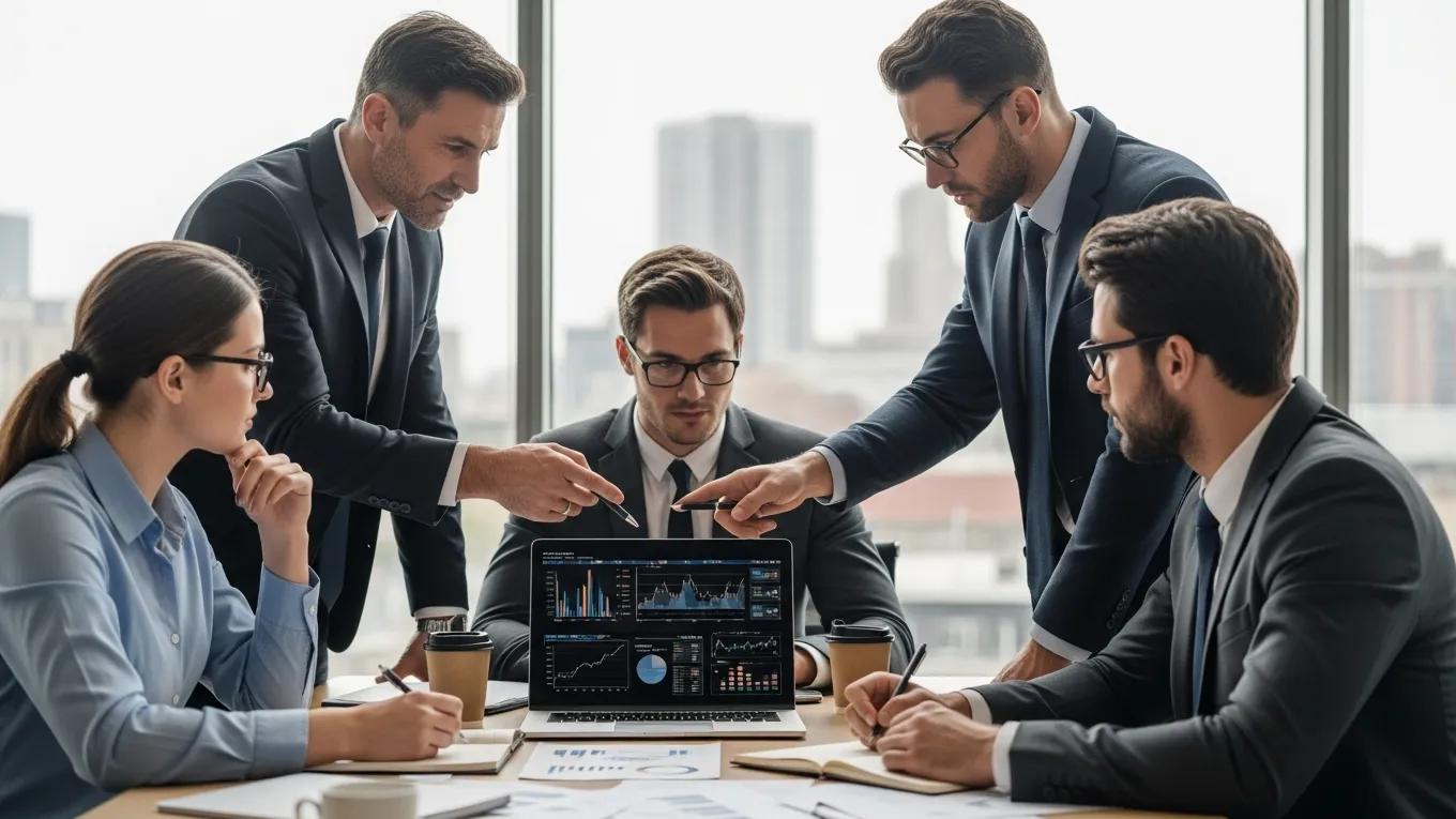 Group of investors discussing strategies with charts and graphs on a laptop Group of investors discussing strategies with charts and graphs on a laptop