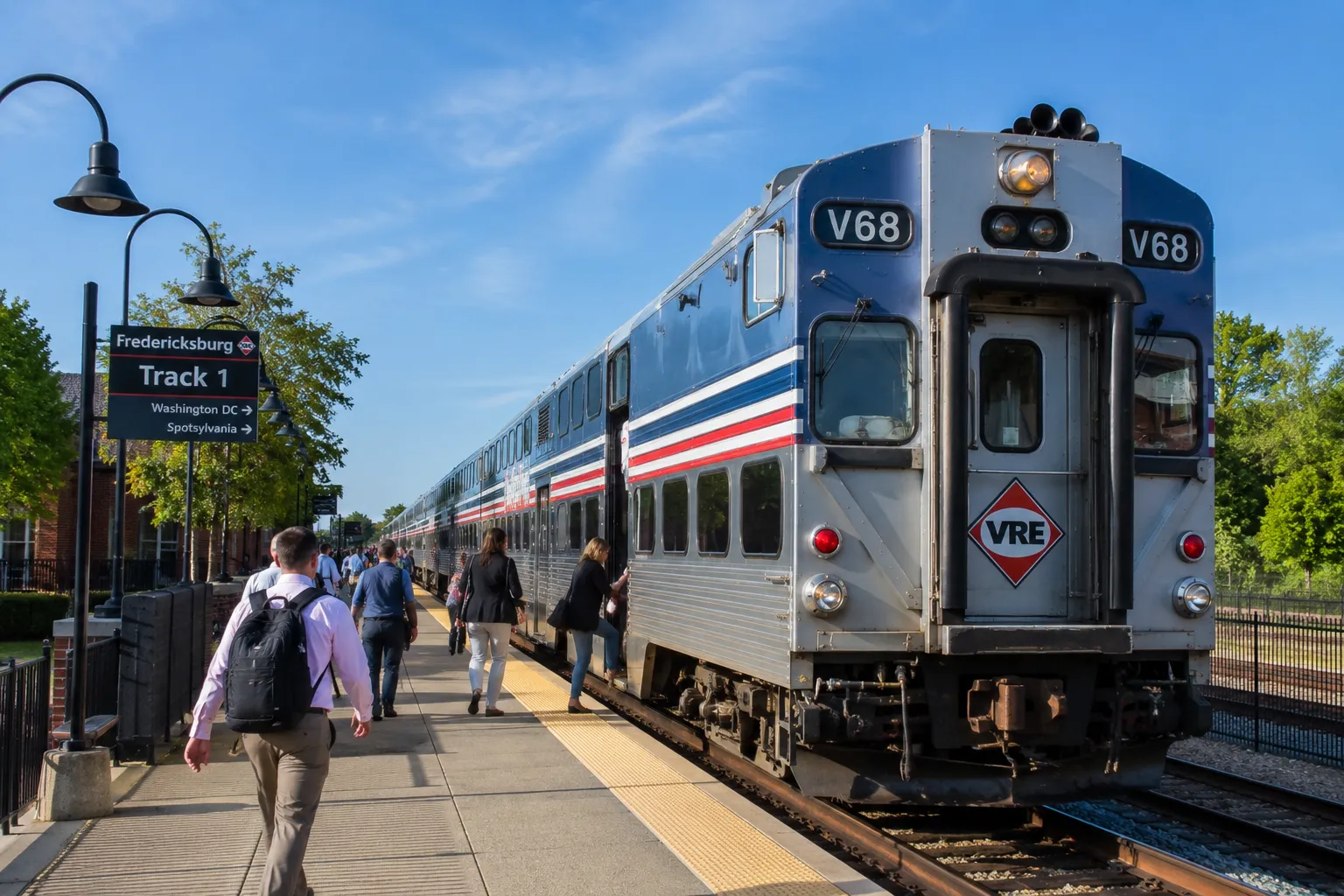 A VRE commuter train stopped at the Fredericksburg station platform with passengers boarding during a clear morning