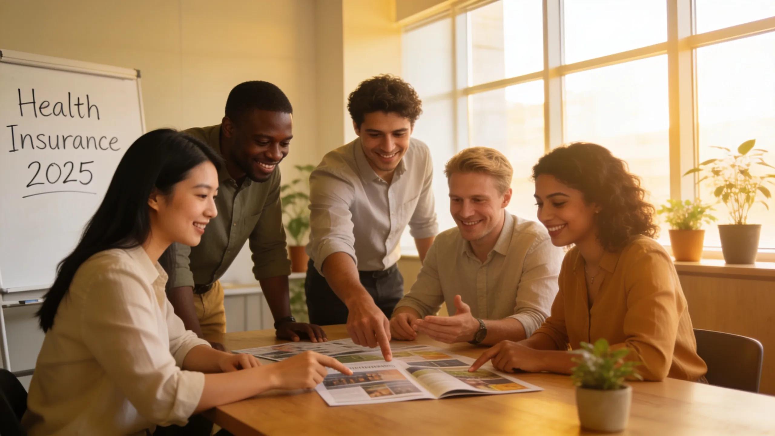 Group of diverse employees collaborating on health insurance options in a modern office