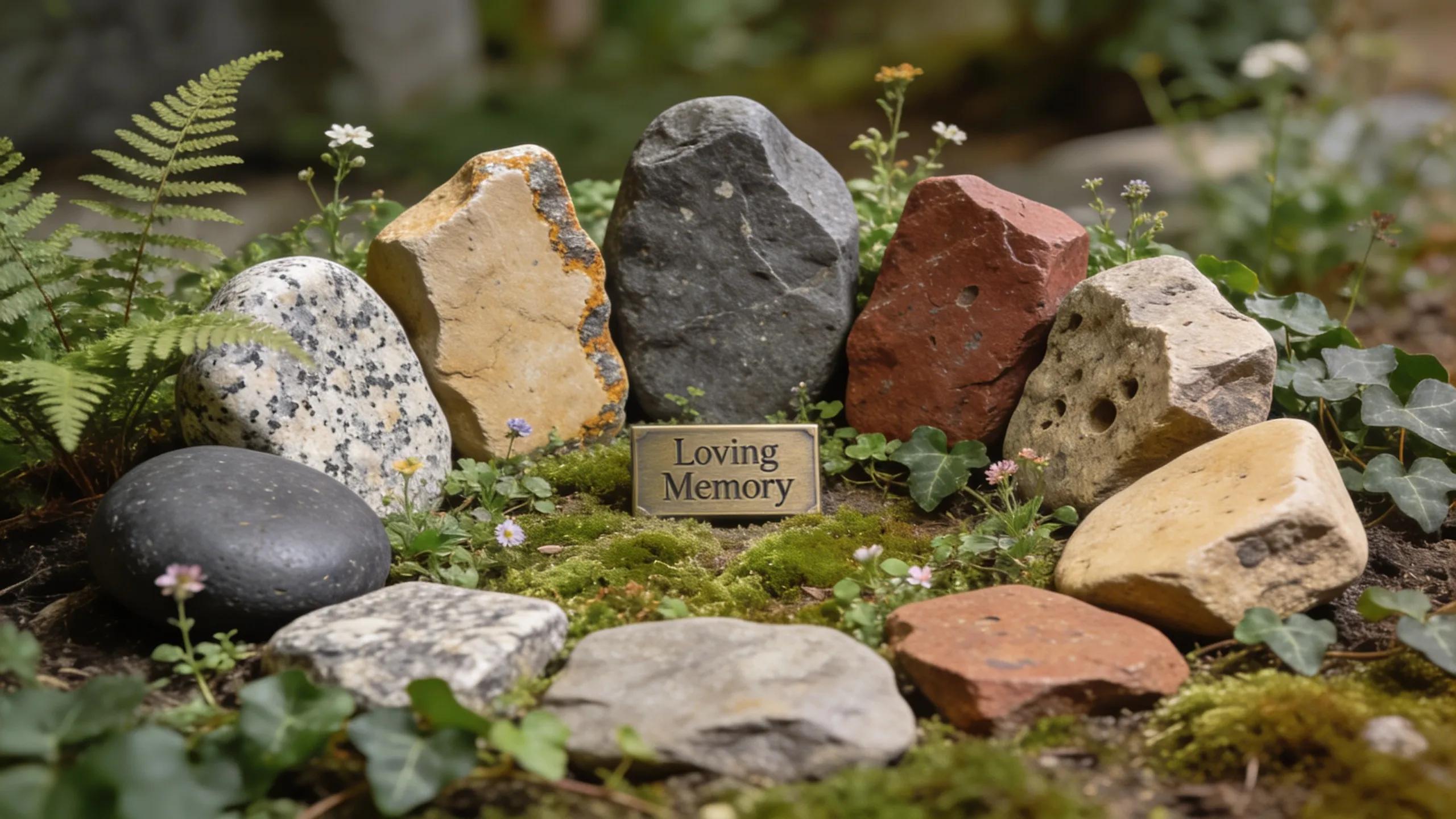 Eco-Friendly Grave Marker Options for Sustainable Tributes 3 Variety of natural memorial stones in an outdoor environment showcasing their different textures