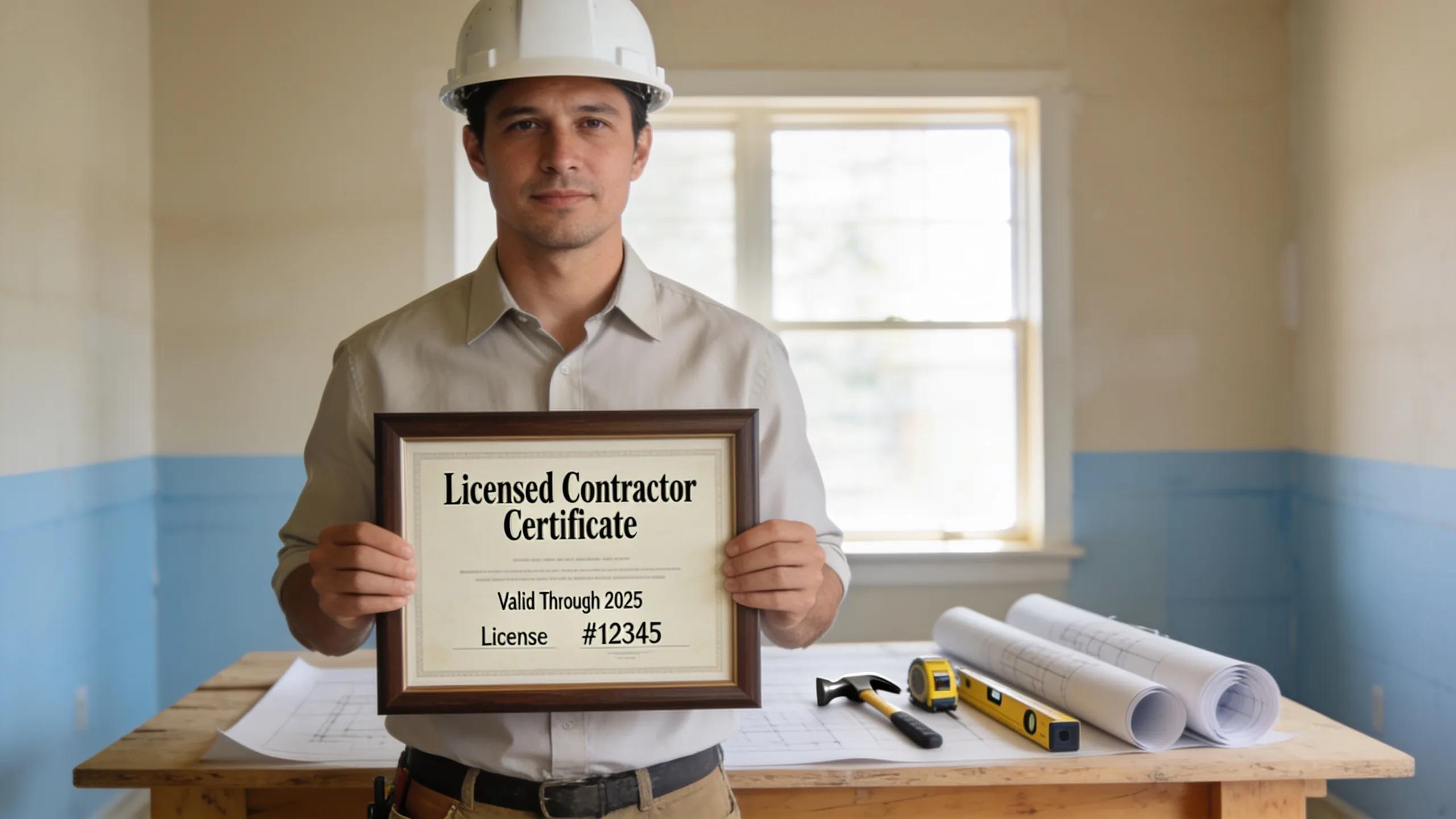 Licensed contractor displaying their certification with construction materials, underscoring the importance of compliance and legal standards in home services