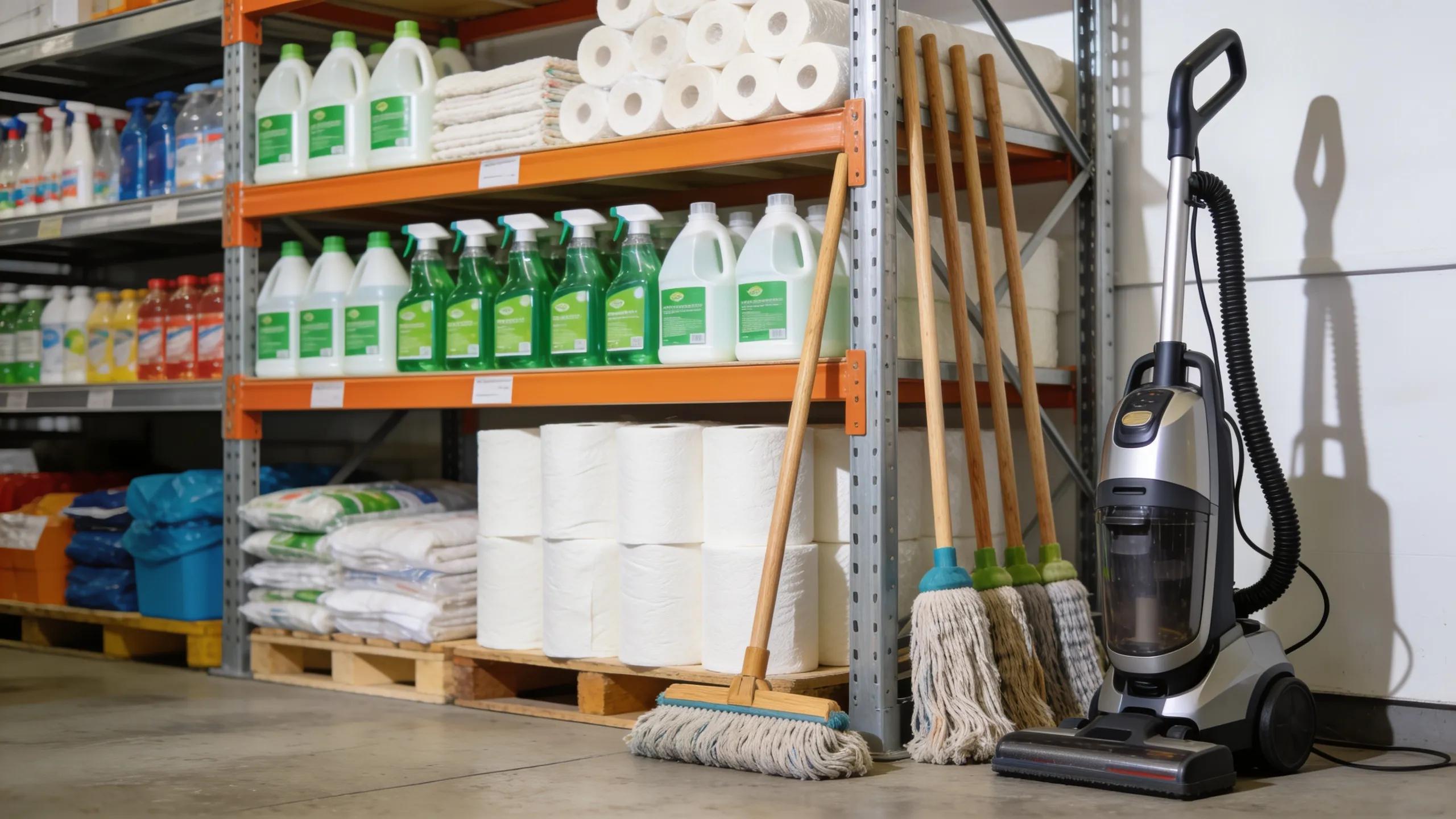 Diverse bulk janitorial cleaning supplies including eco-friendly products in a professional warehouse environment