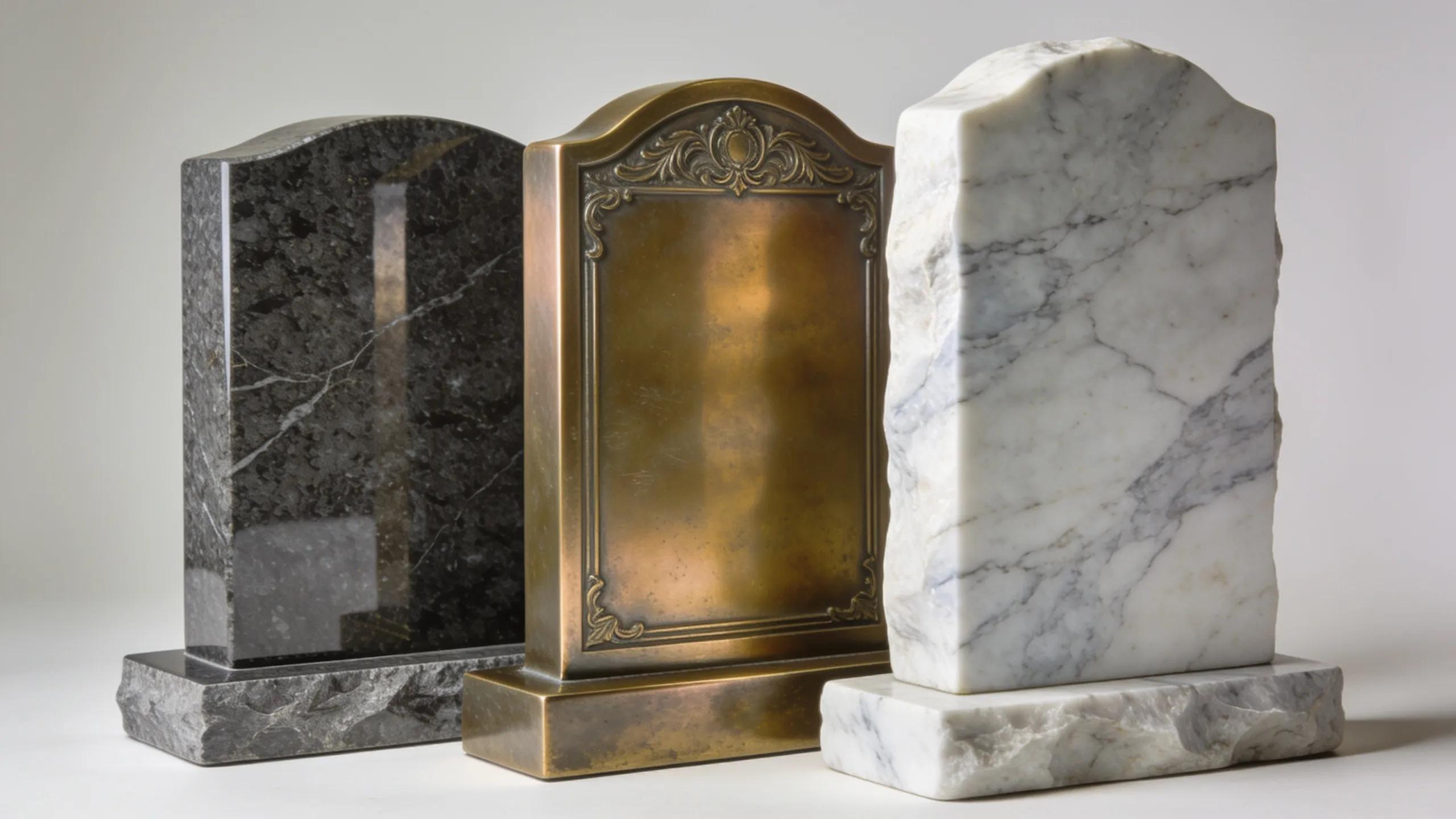 Durable Grave Markers That Endure Time and Elements 2 Selection of grave marker materials: polished granite, bronze, and marble showcasing durability qualities
