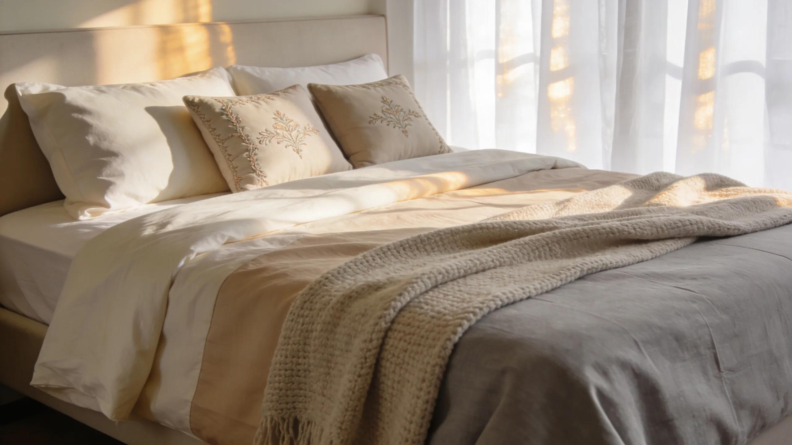Luxurious linen sheets on a queen bed in a serene bedroom with natural lighting