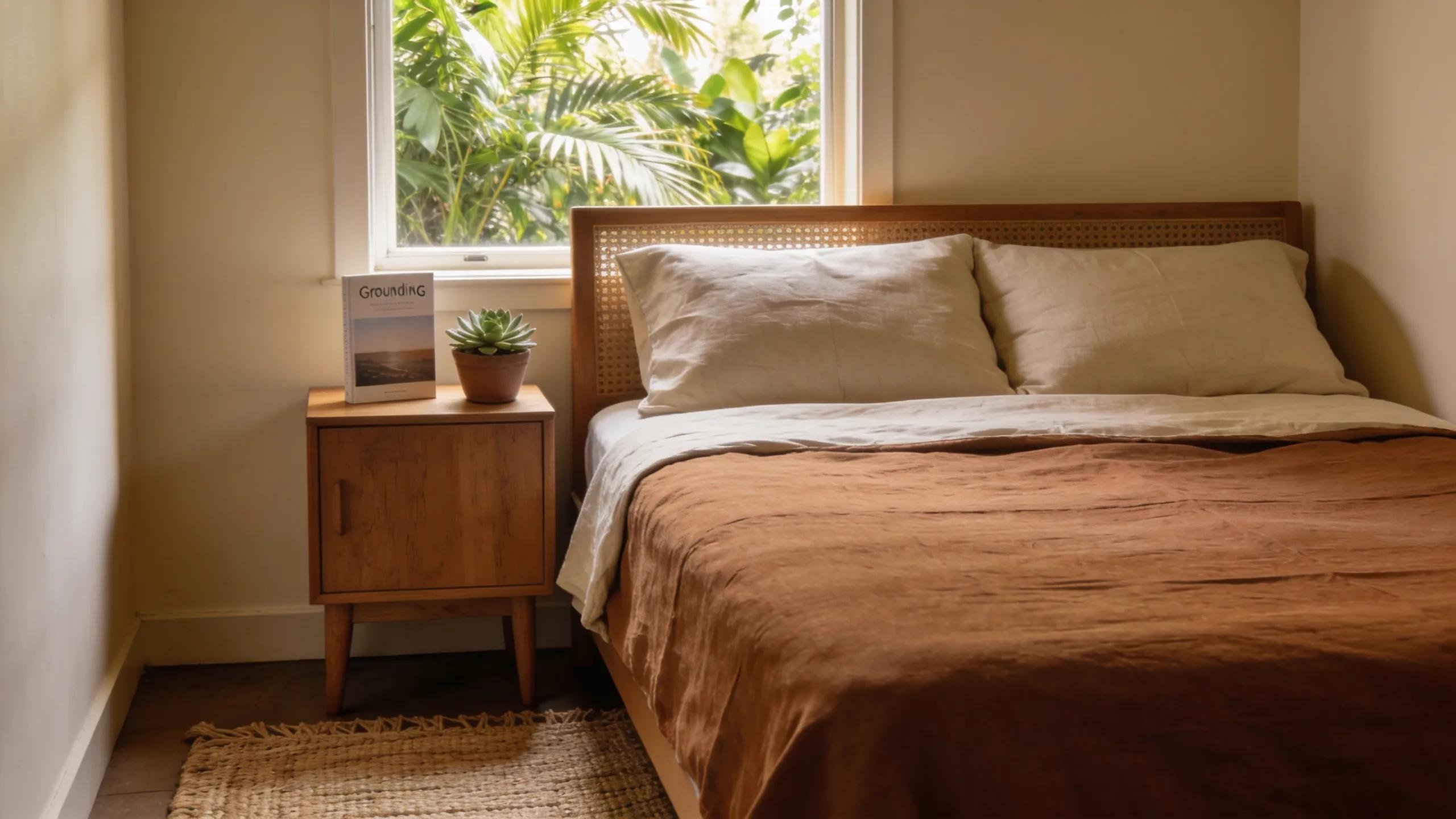 Inviting Australian bedroom showcasing grounding sheet on a neat bed, emphasising wellness and comfort