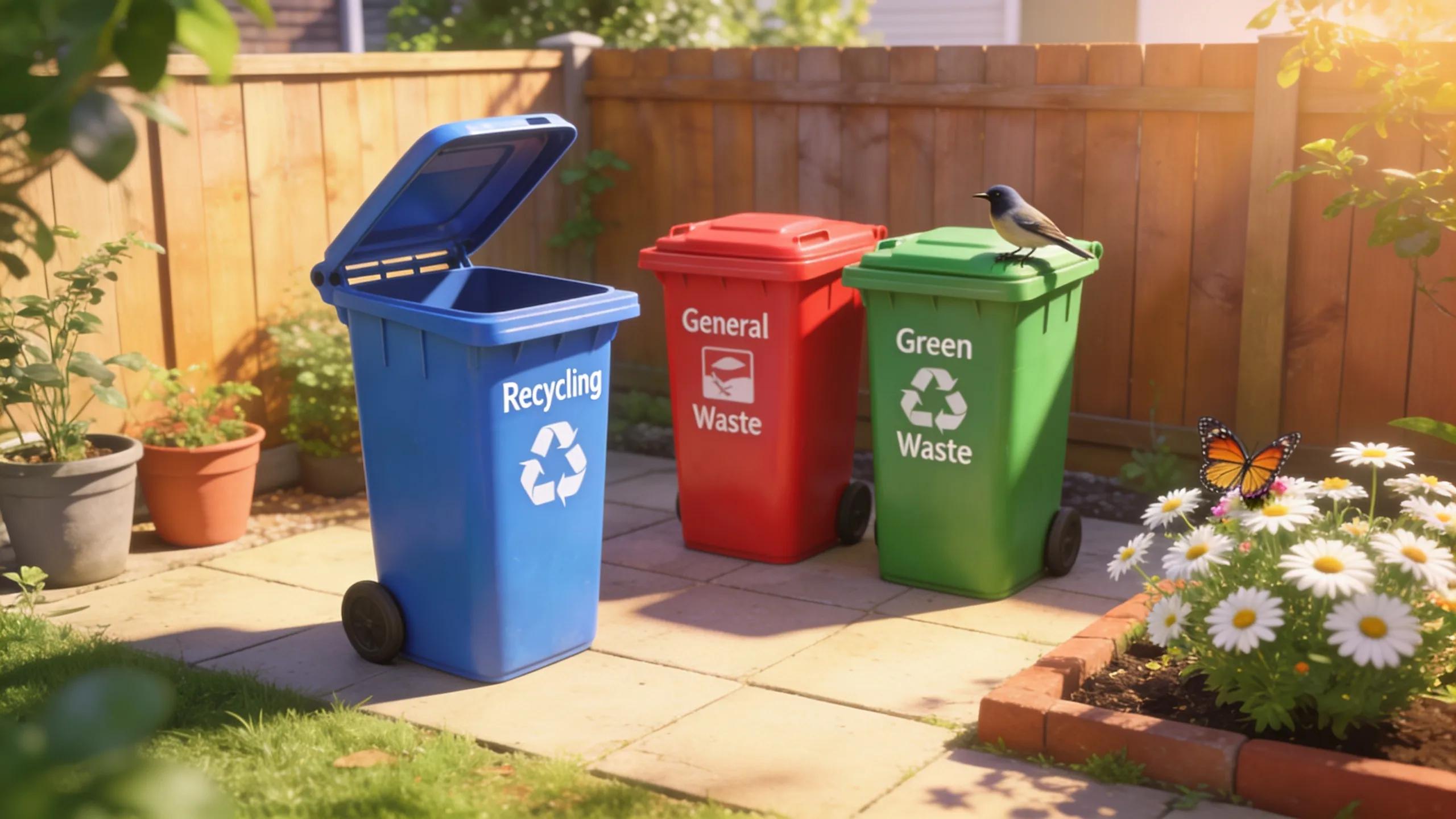 Sustainable waste management setup with recycling bins in a bright Dandenong backyard
