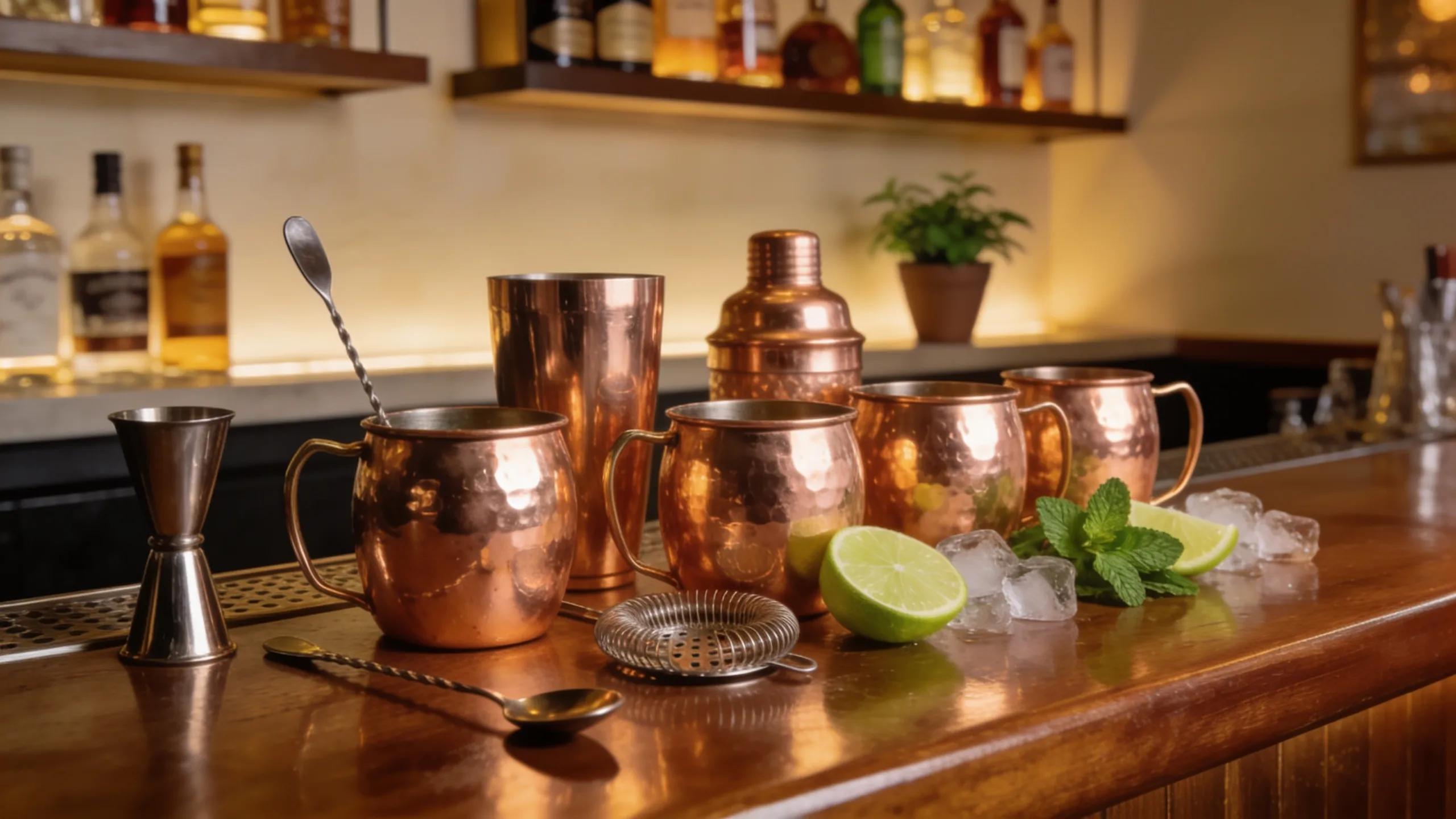 Sophisticated home bar setup showcasing multiple authentic copper mugs and bar tools, emphasizing the elegant integration of cocktail accessories