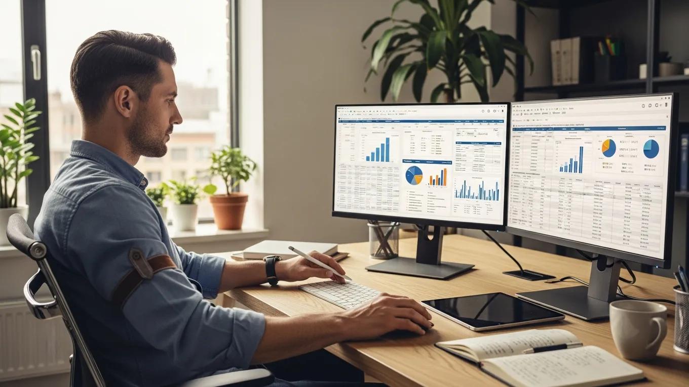 Financial analyst reviewing loan data in a relaxed office environment Financial analyst reviewing loan data in a relaxed office environment