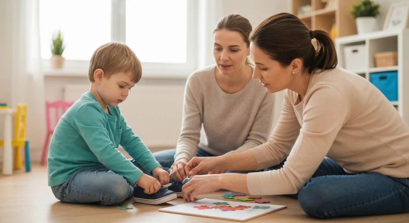 Create a realistic, high-quality photo showing a parent unintentionally overshadowing or correcting a child during an activity. The child (age 3–6) looks hesitant or unsure, while the parent hovers or takes over the task — such as tying shoes, fixing a drawing, or completing a puzzle for the child. The room should be a bright, cozy home or childcare environment with soft natural lighting and warm colors. The scene must feel gentle, relatable, and non-judgmental, highlighting the idea of overhelping without making either person look upset or distressed.