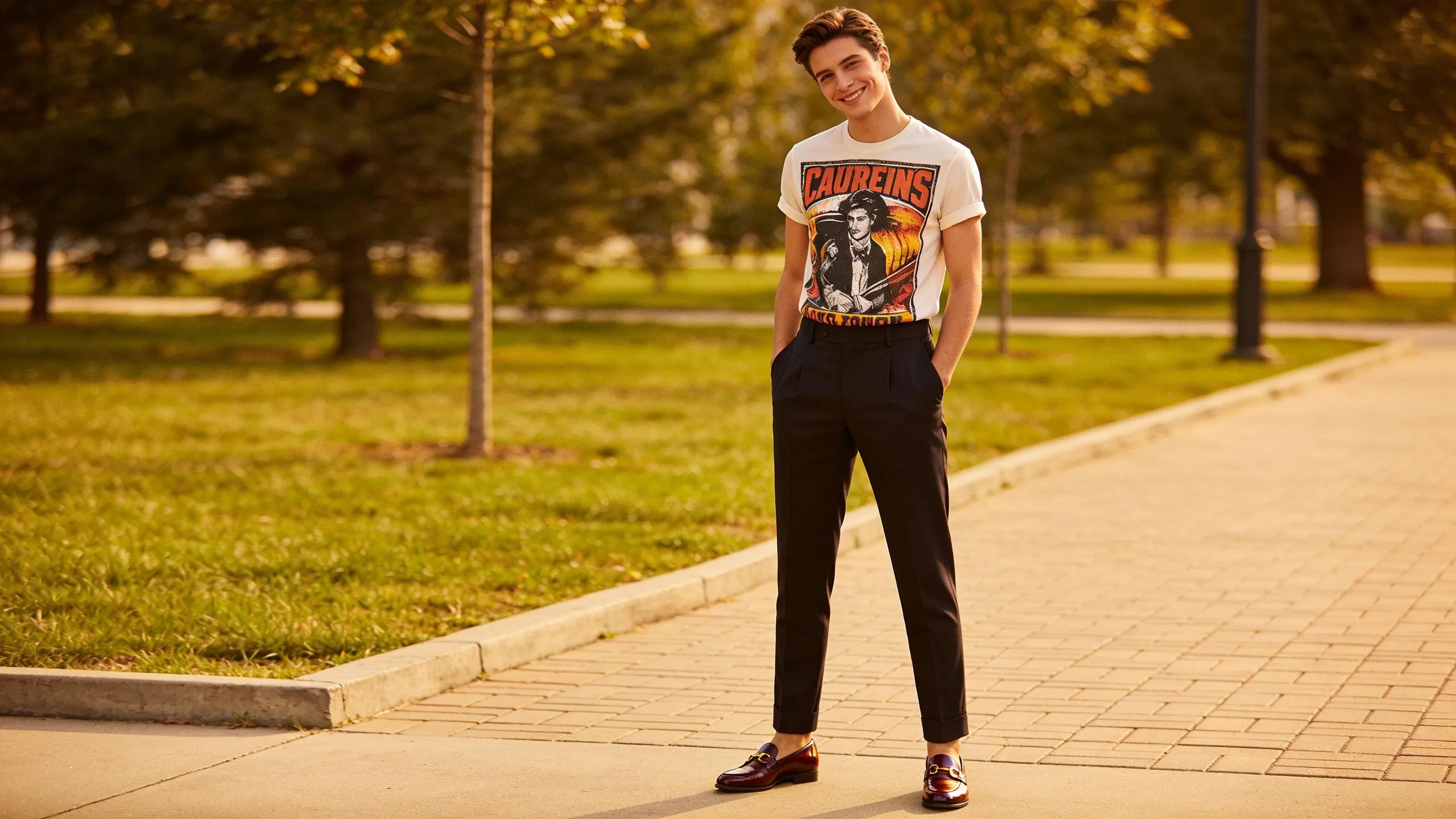 Model showcasing a smart-casual outfit featuring a graphic tee, tailored trousers, and loafers in a stylish outdoor setting