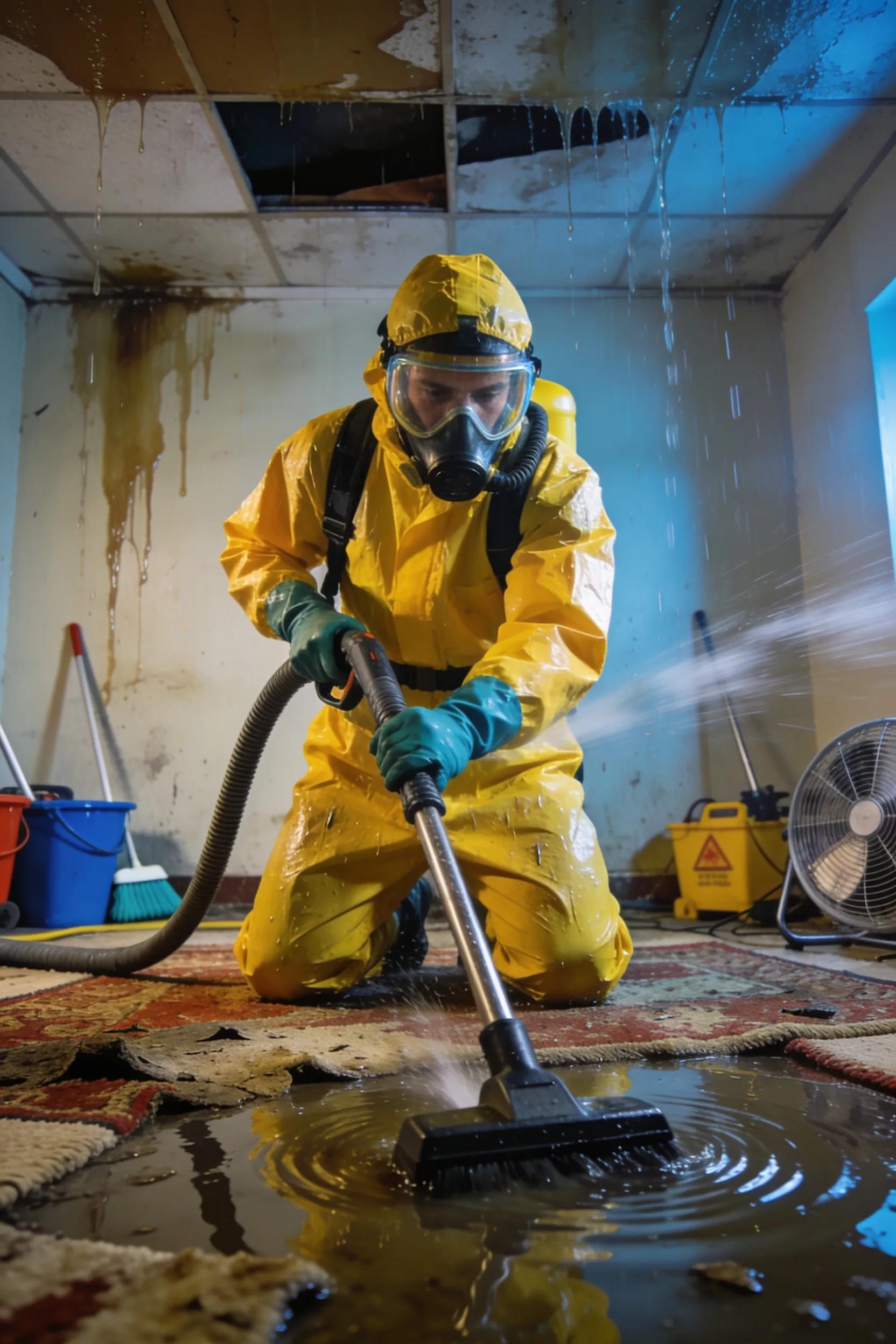 Professional using a wet vacuum for emergency water extraction in a flooded home