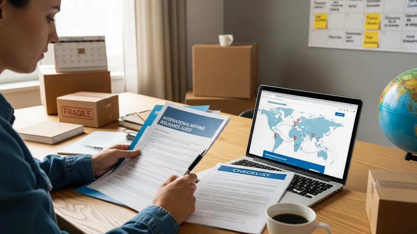 Person reviewing moving insurance documents and planning for an international move