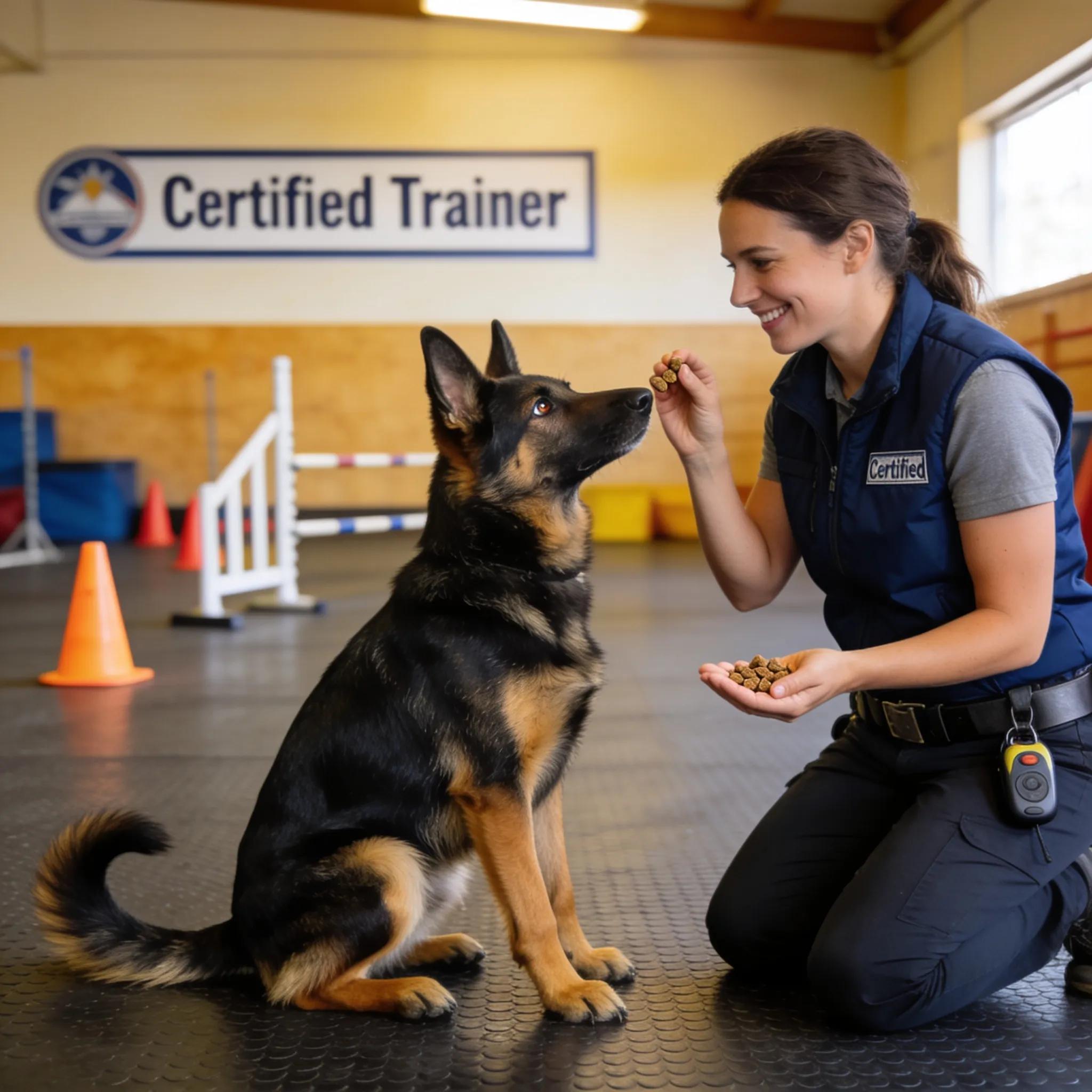 Dog trainer using positive reinforcement with a German Shepherd during training