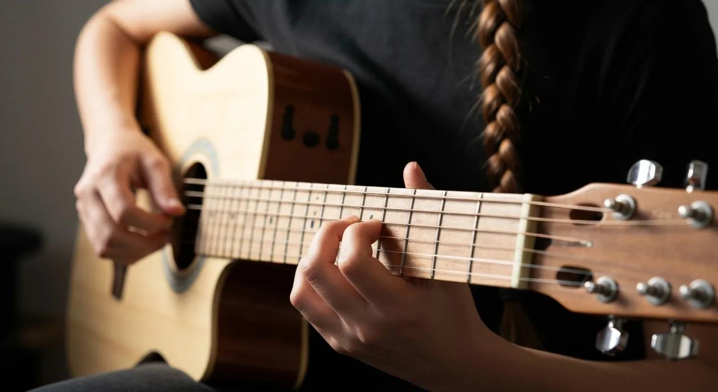 Close-up of a beginner guitarist's hands on a slim neck guitar, showcasing comfort and ease of play