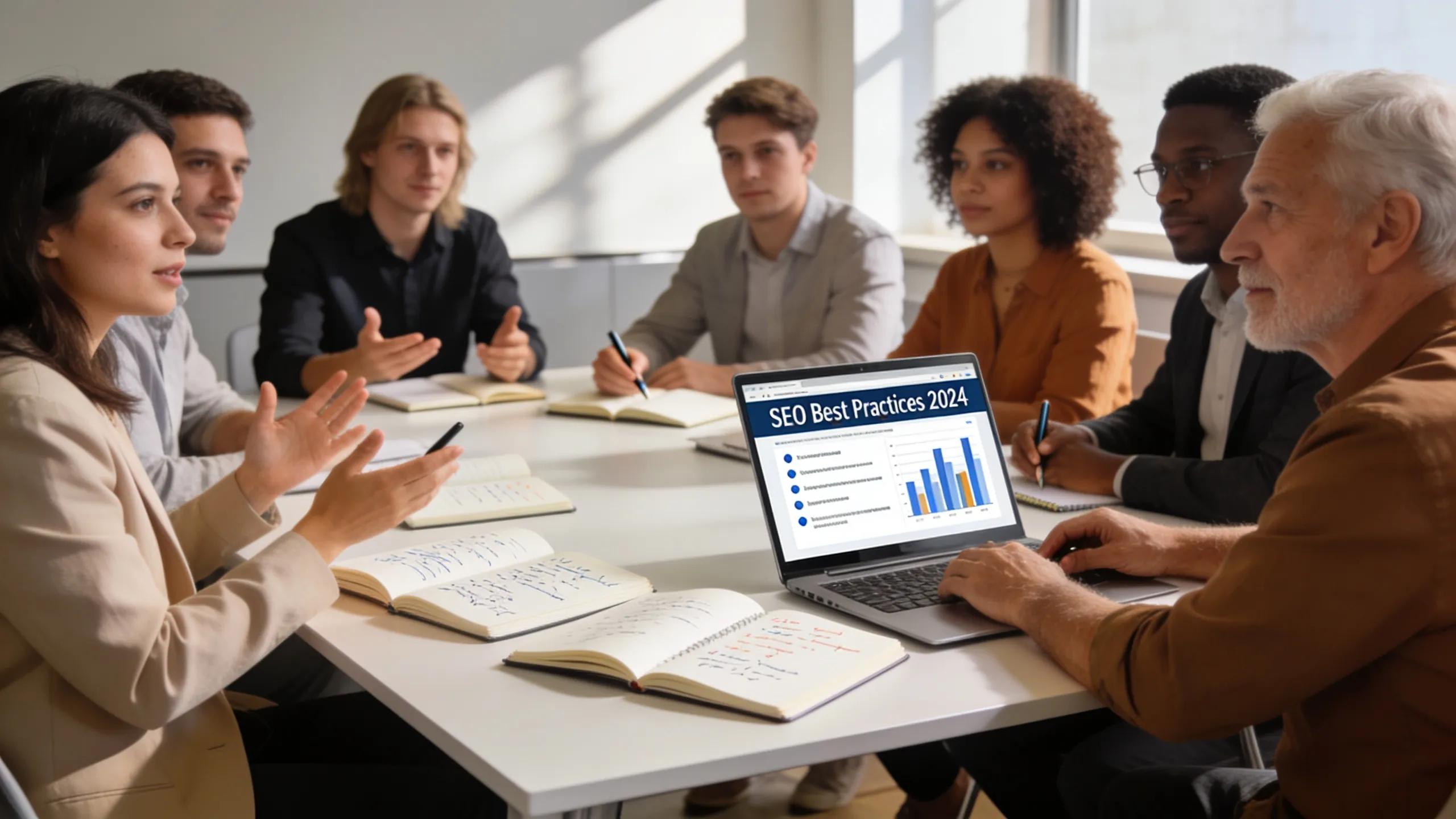 Diverse team collaborating on digital marketing strategies focused on SEO