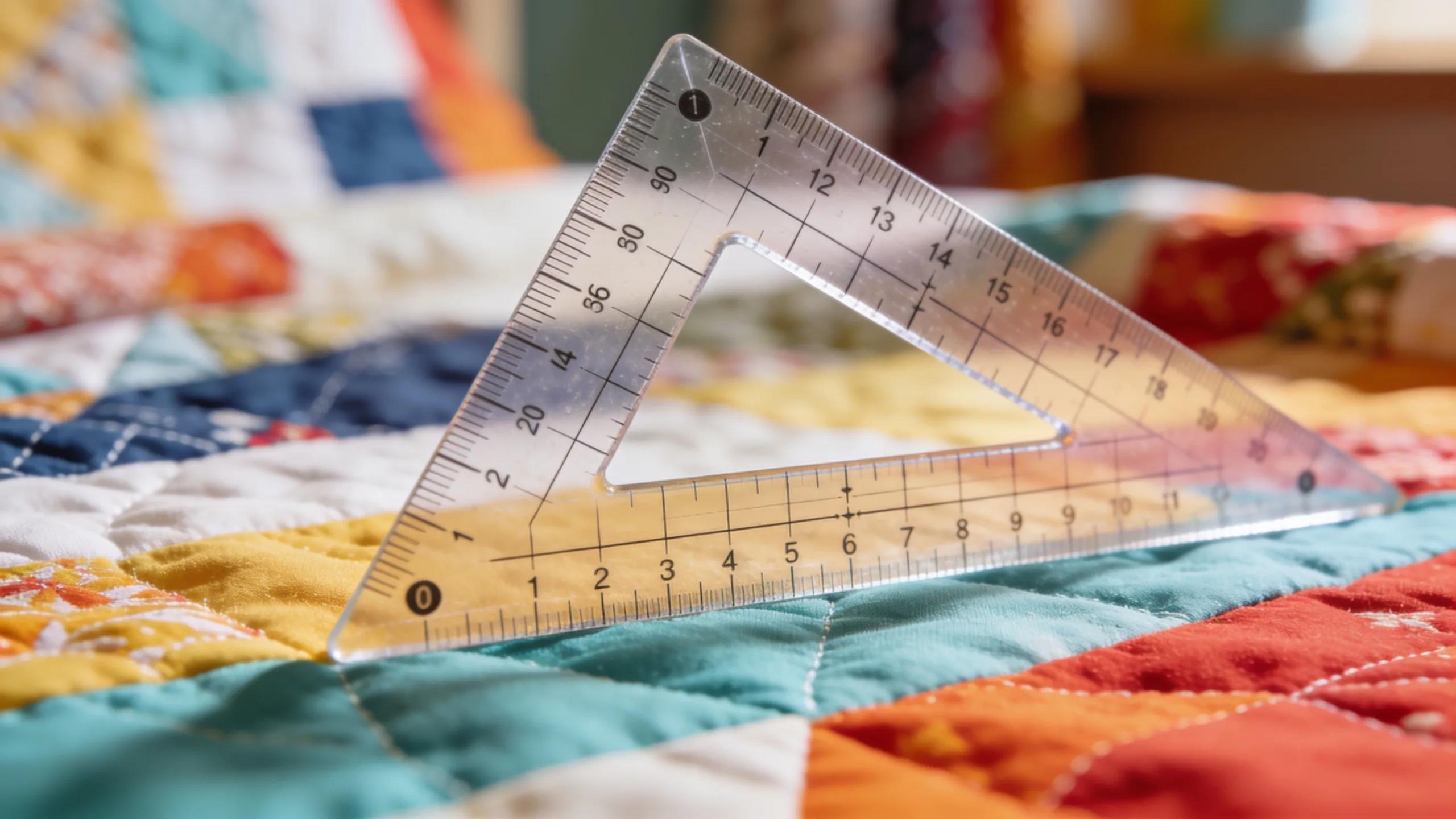 Close-up of a quilting ruler on colorful fabric demonstrating precision measurements