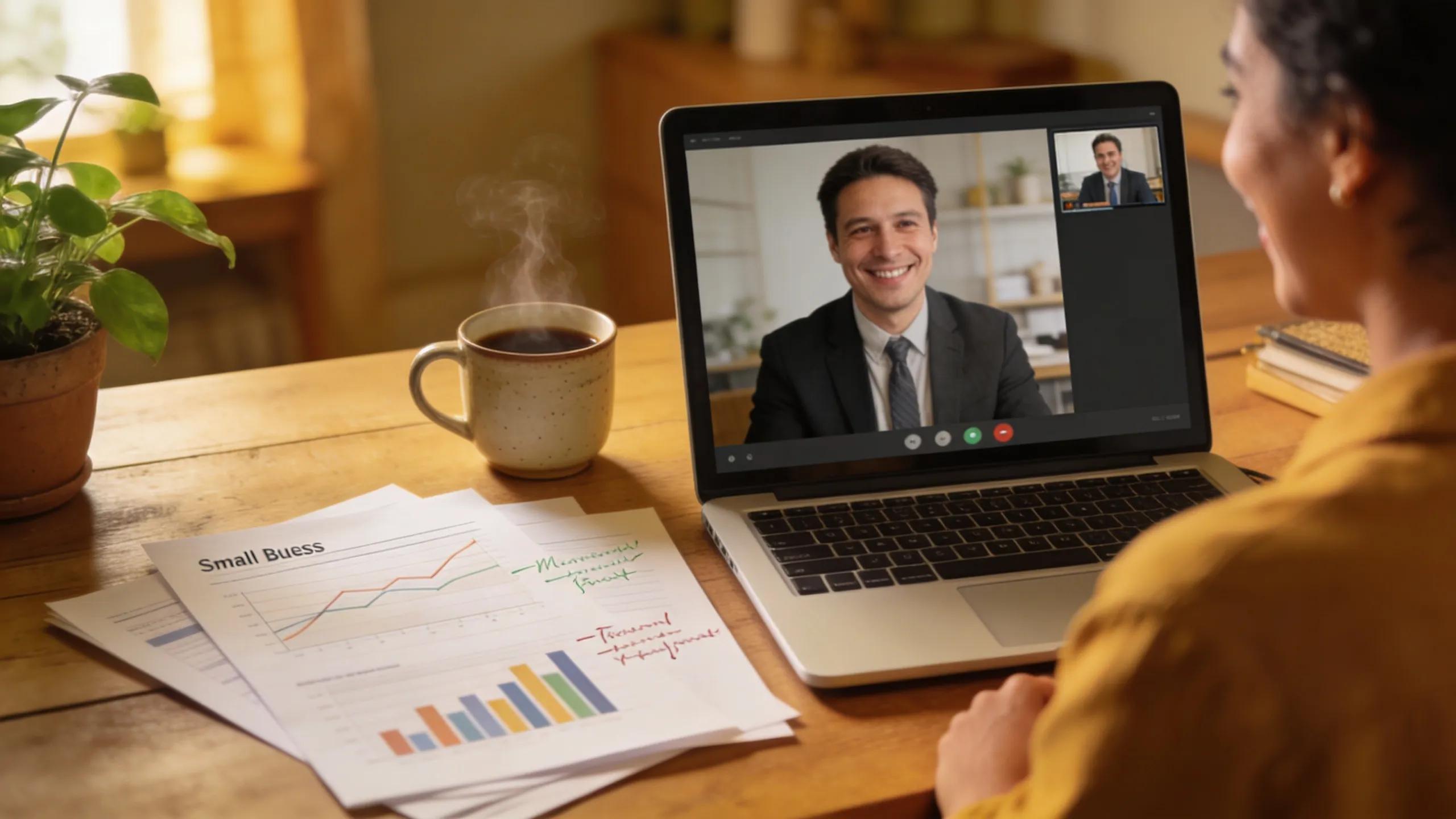 A small business owner consulting with a lender over a video call in a home office