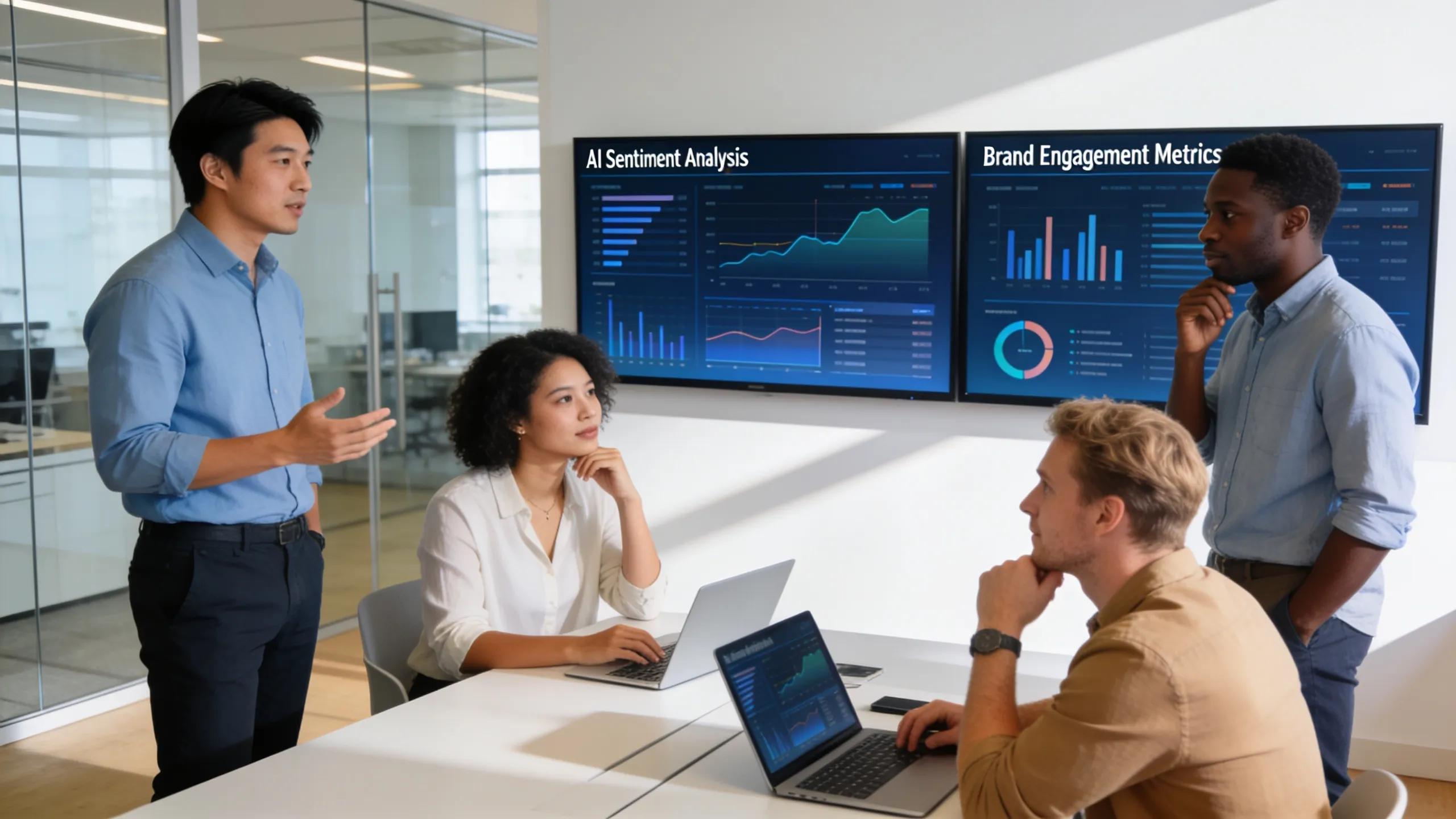 Professionals collaborating in a modern office analyzing AI brand monitoring trends